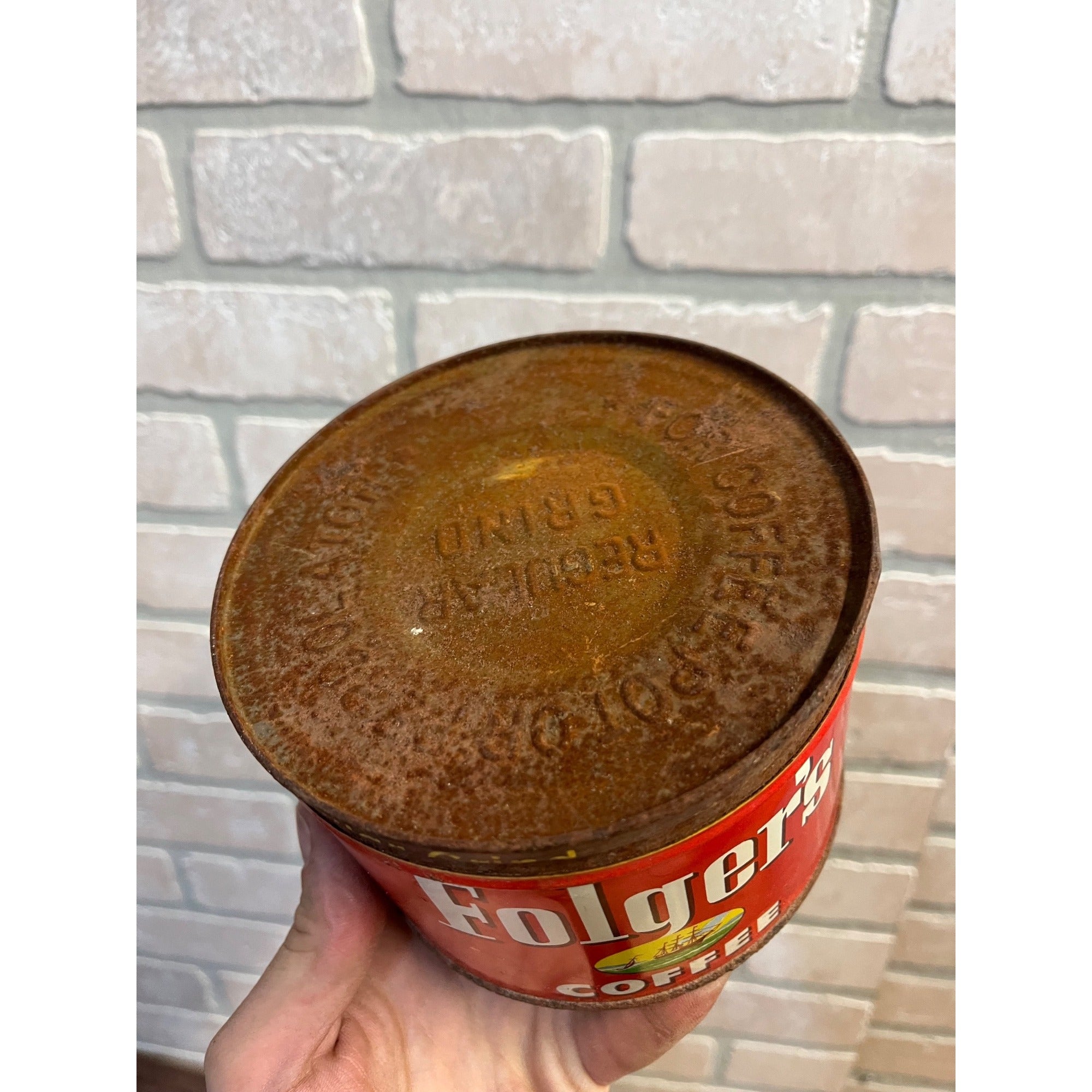 Vintage Folger's Coffee Tin Regular Grind Primitive Kitchen Decor Ship Logo 1952 J.A.F. & Co.