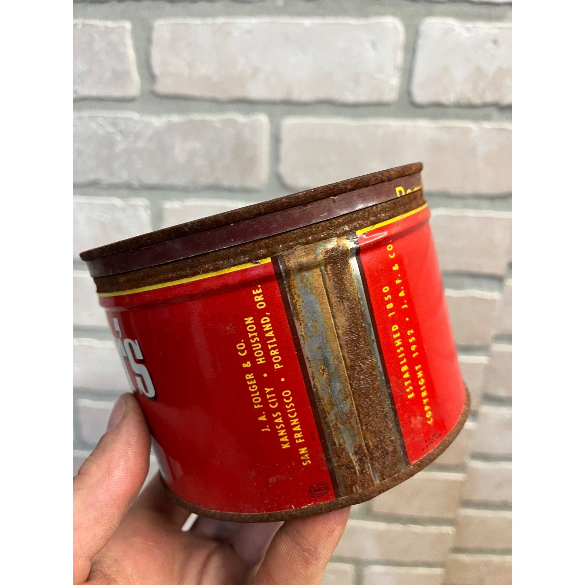 Vintage Folger's Coffee Tin Regular Grind Primitive Kitchen Decor Ship Logo 1952 J.A.F. & Co.