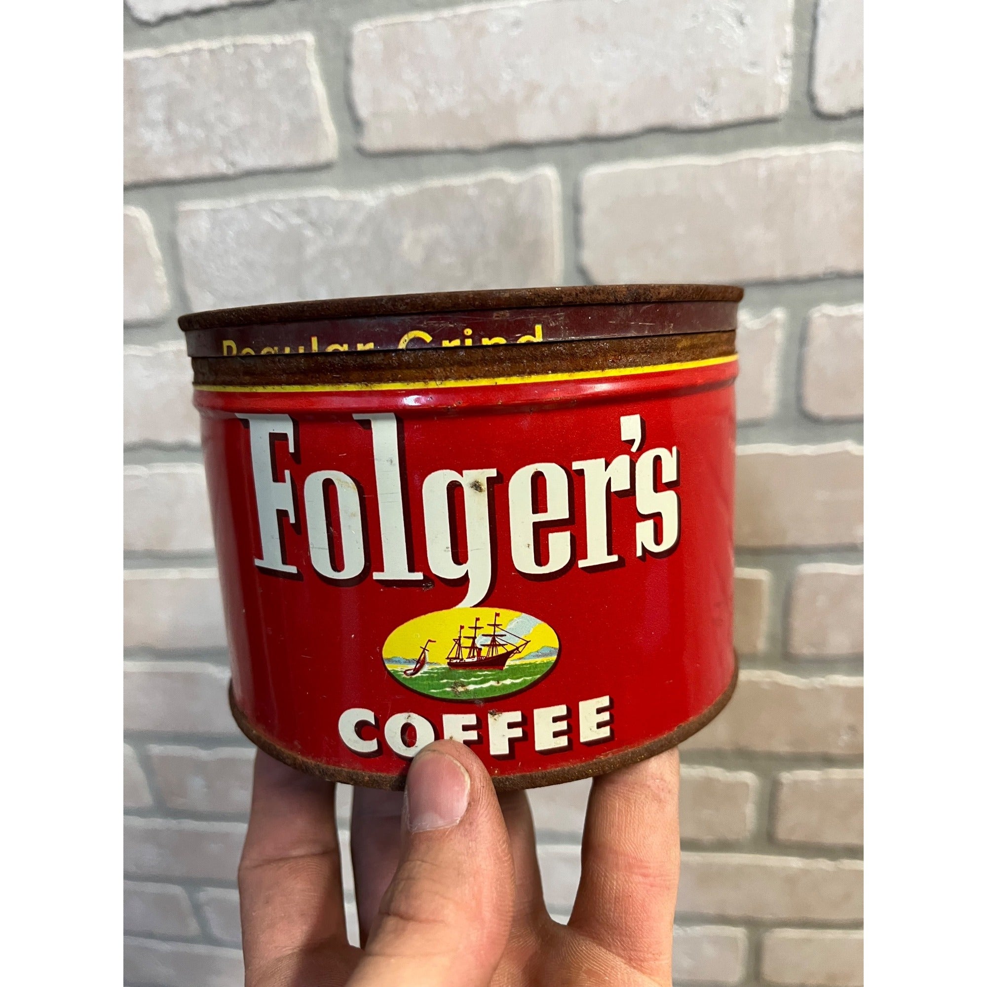 Vintage Folger's Coffee Tin Regular Grind Primitive Kitchen Decor Ship Logo 1952 J.A.F. & Co.