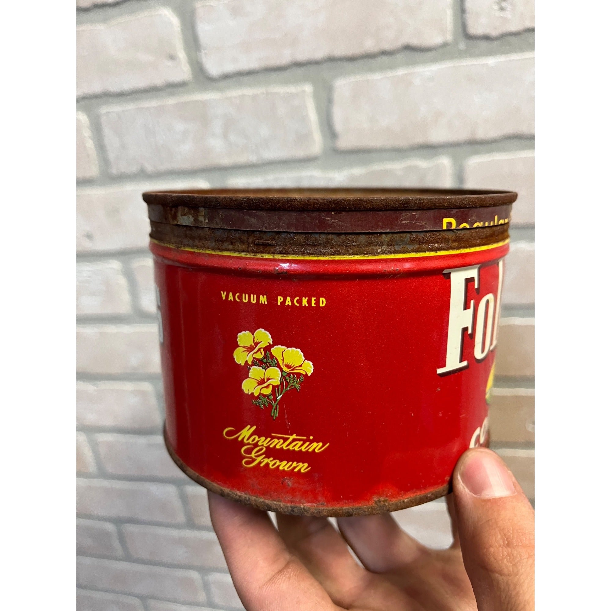 Vintage Folger's Coffee Tin Regular Grind Primitive Kitchen Decor Ship Logo 1952 J.A.F. & Co.