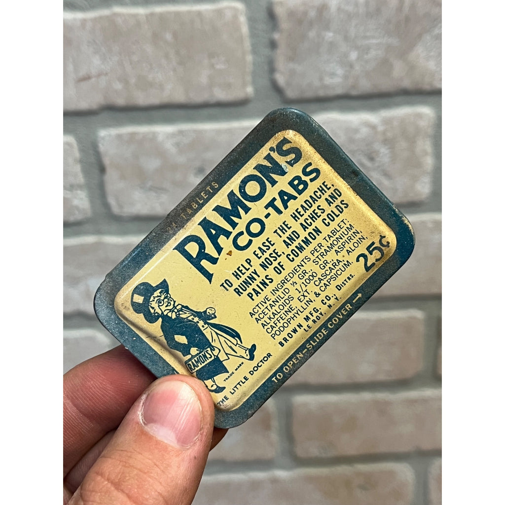 Vintage Ramon's Co-Tabs Headache Medicine Advertising Tin w/ Contents Brown Mfg