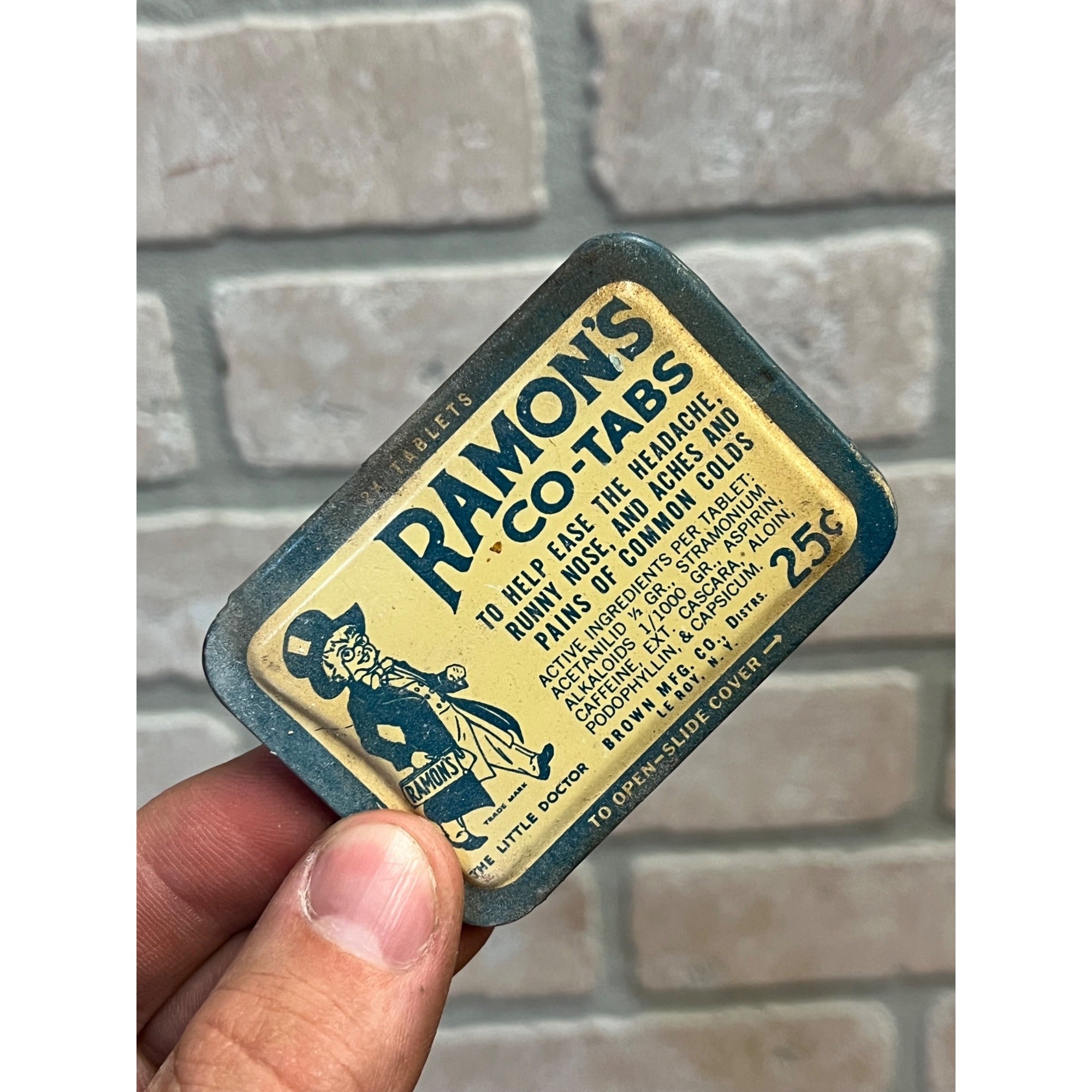 Vintage Ramon's Co-Tabs Headache Medicine Advertising Tin w/ Contents Brown Mfg
