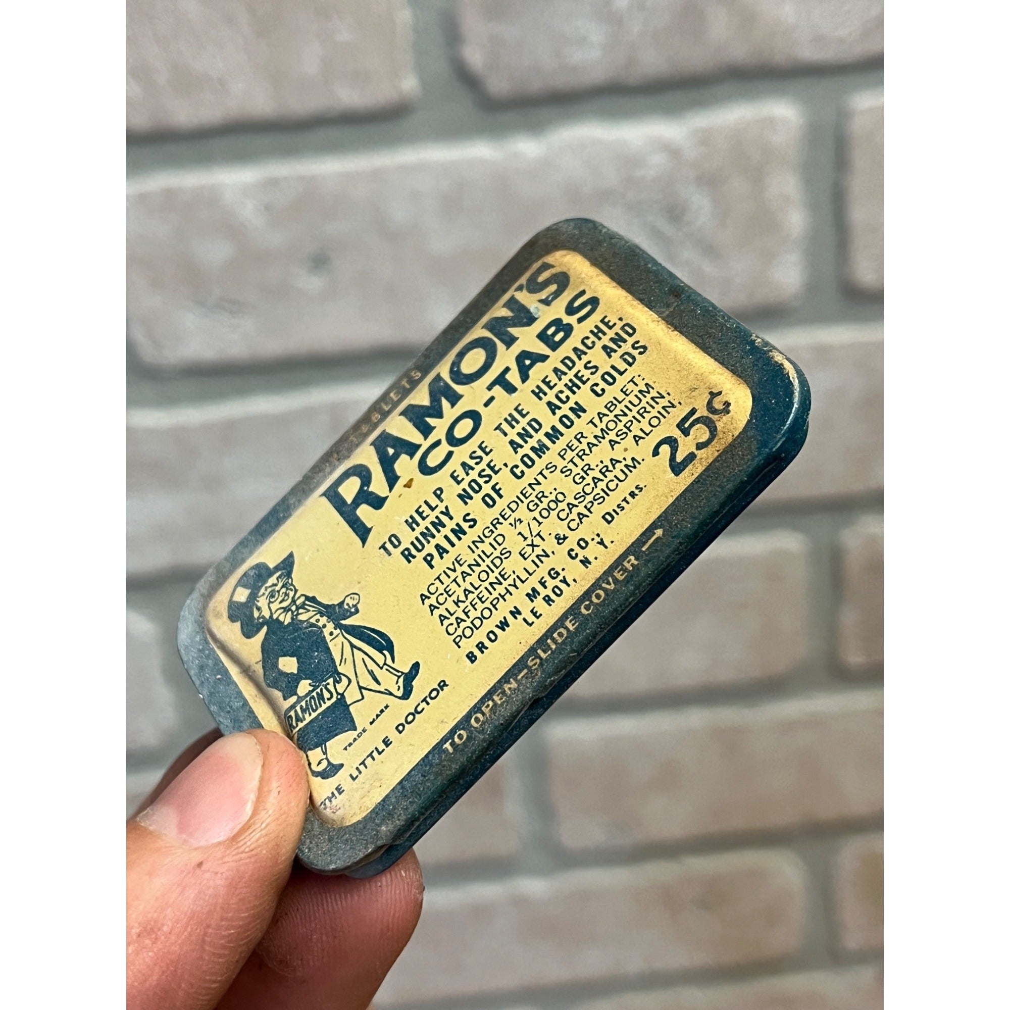 Vintage Ramon's Co-Tabs Headache Medicine Advertising Tin w/ Contents Brown Mfg