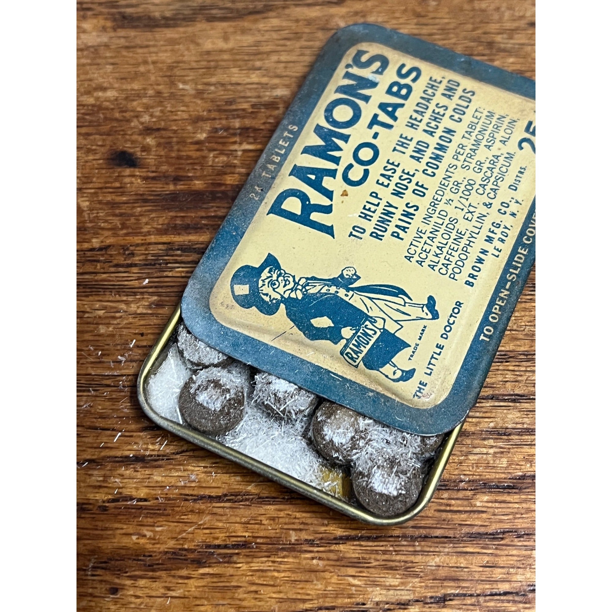 Vintage Ramon's Co-Tabs Headache Medicine Advertising Tin w/ Contents Brown Mfg