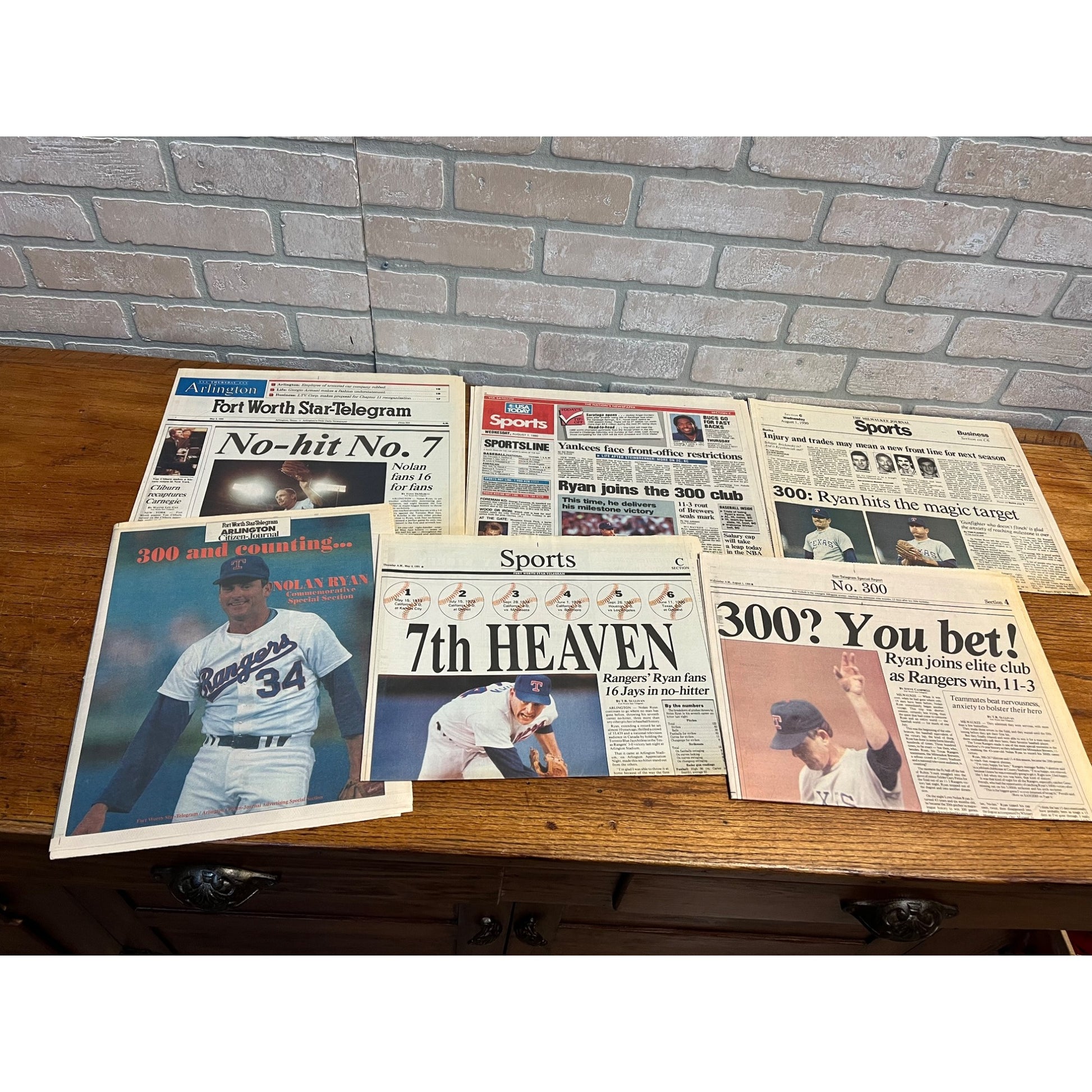 Vintage Nolan Ryan Texas Rangers Headline Newspapers 300 Wins & 7th No Hitter