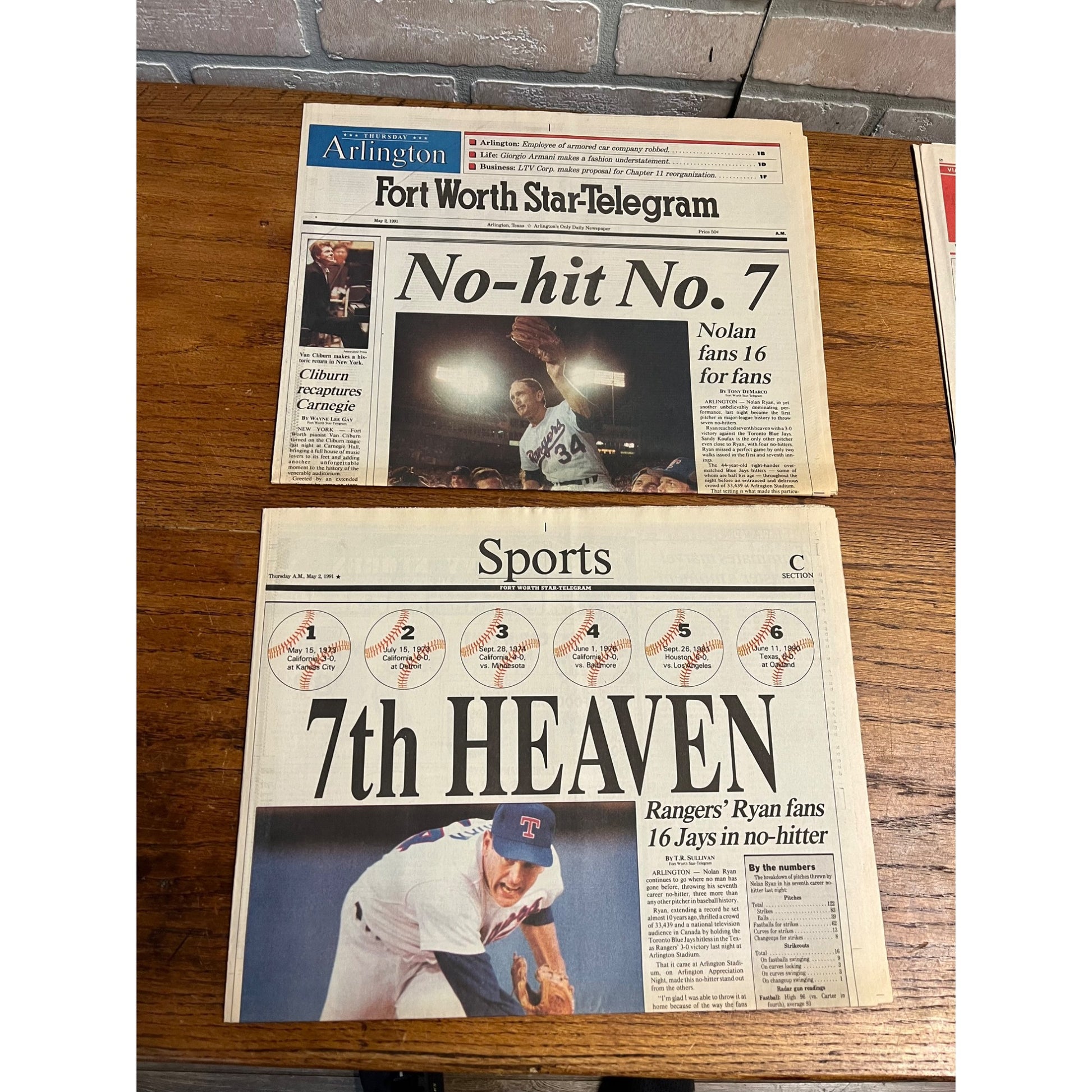 Vintage Nolan Ryan Texas Rangers Headline Newspapers 300 Wins & 7th No Hitter