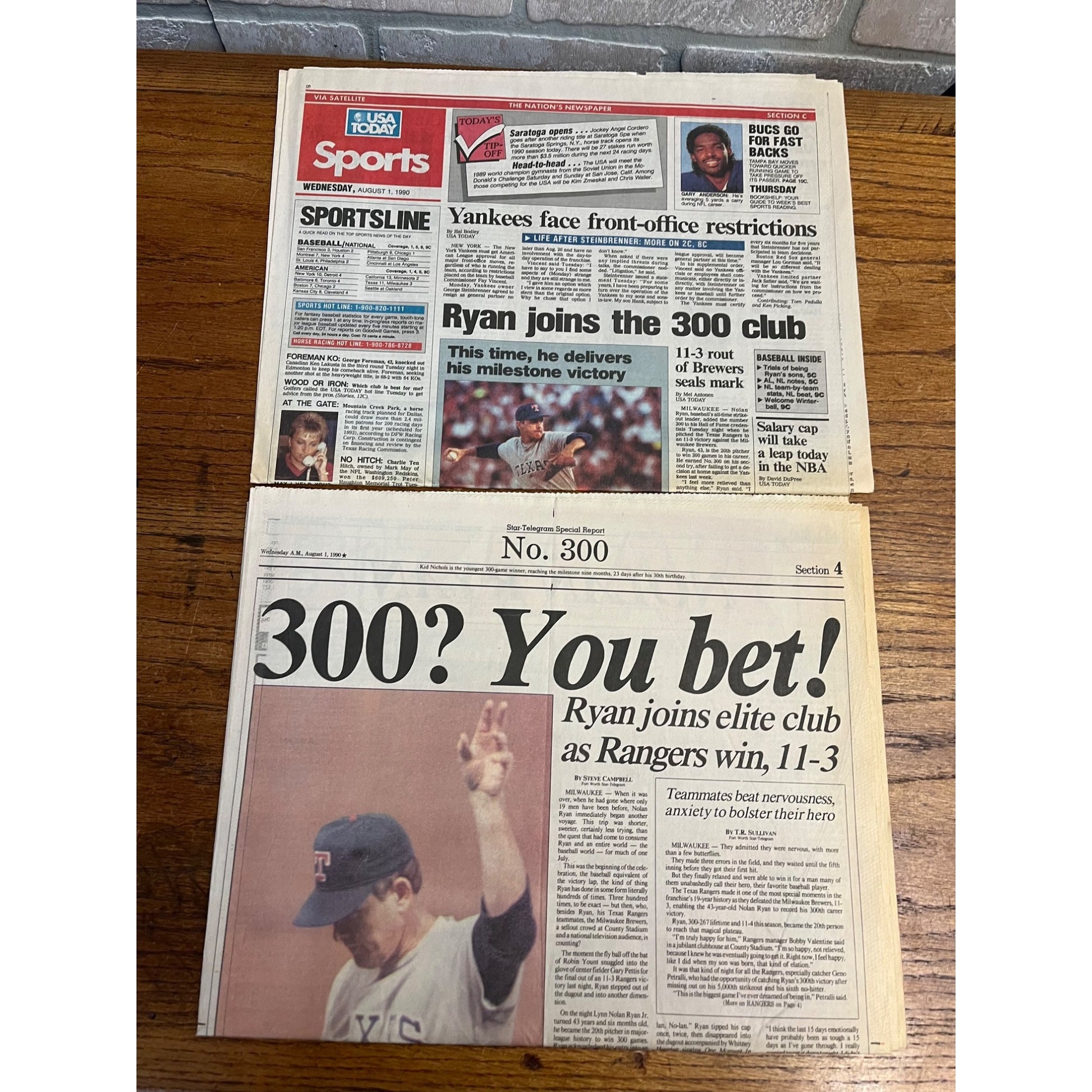 Vintage Nolan Ryan Texas Rangers Headline Newspapers 300 Wins & 7th No Hitter