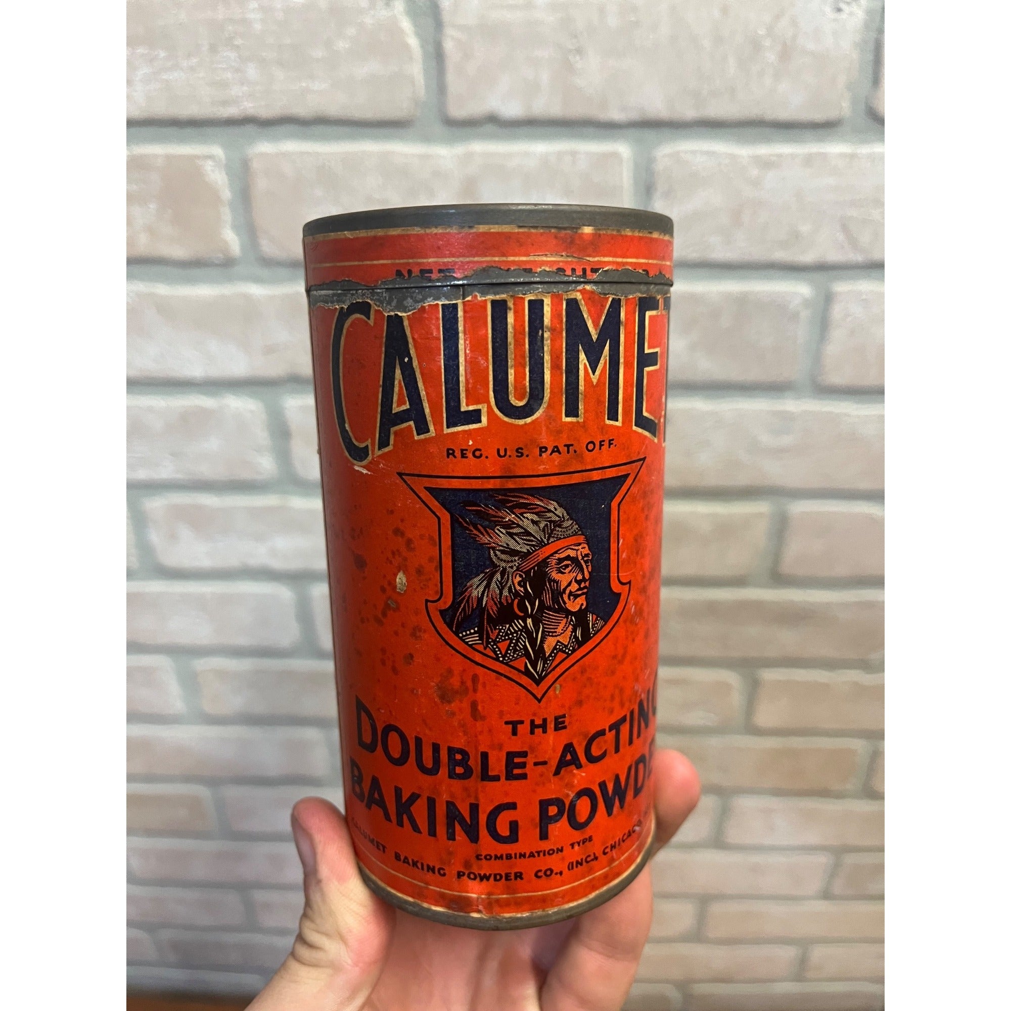 Vintage 1920s Calumet Baking Powder Tin Advertising Can Kitchen Decor Early Indian Logo