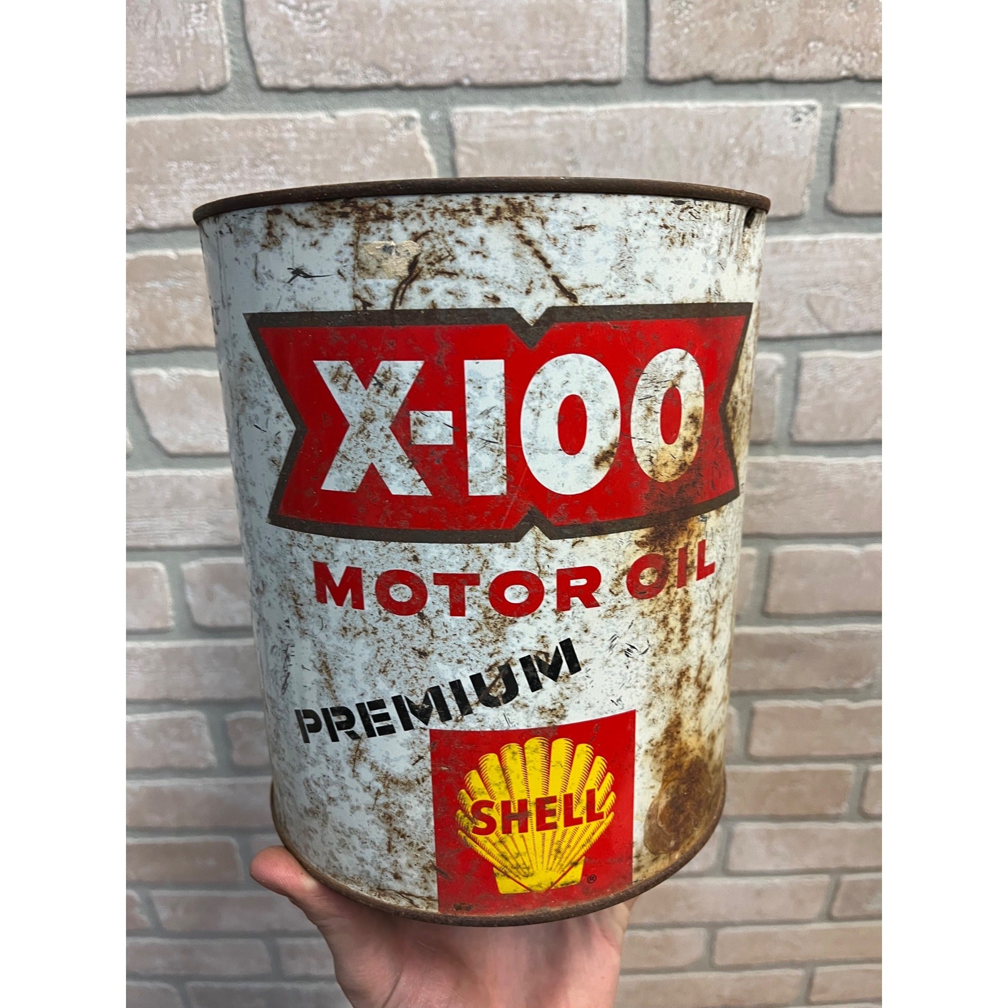 Vintage Shell X-100 Motor Oil Can One Gallon Metal Advertising