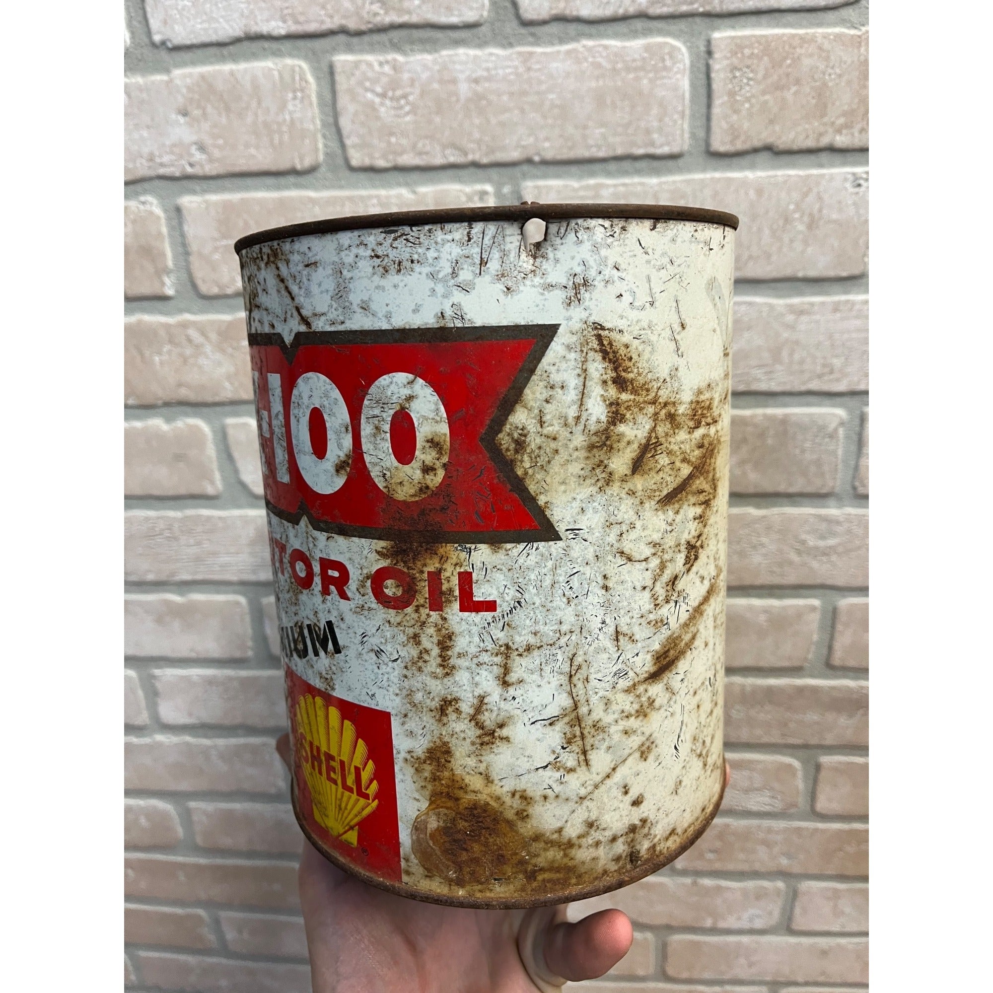 Vintage Shell X-100 Motor Oil Can One Gallon Metal Advertising