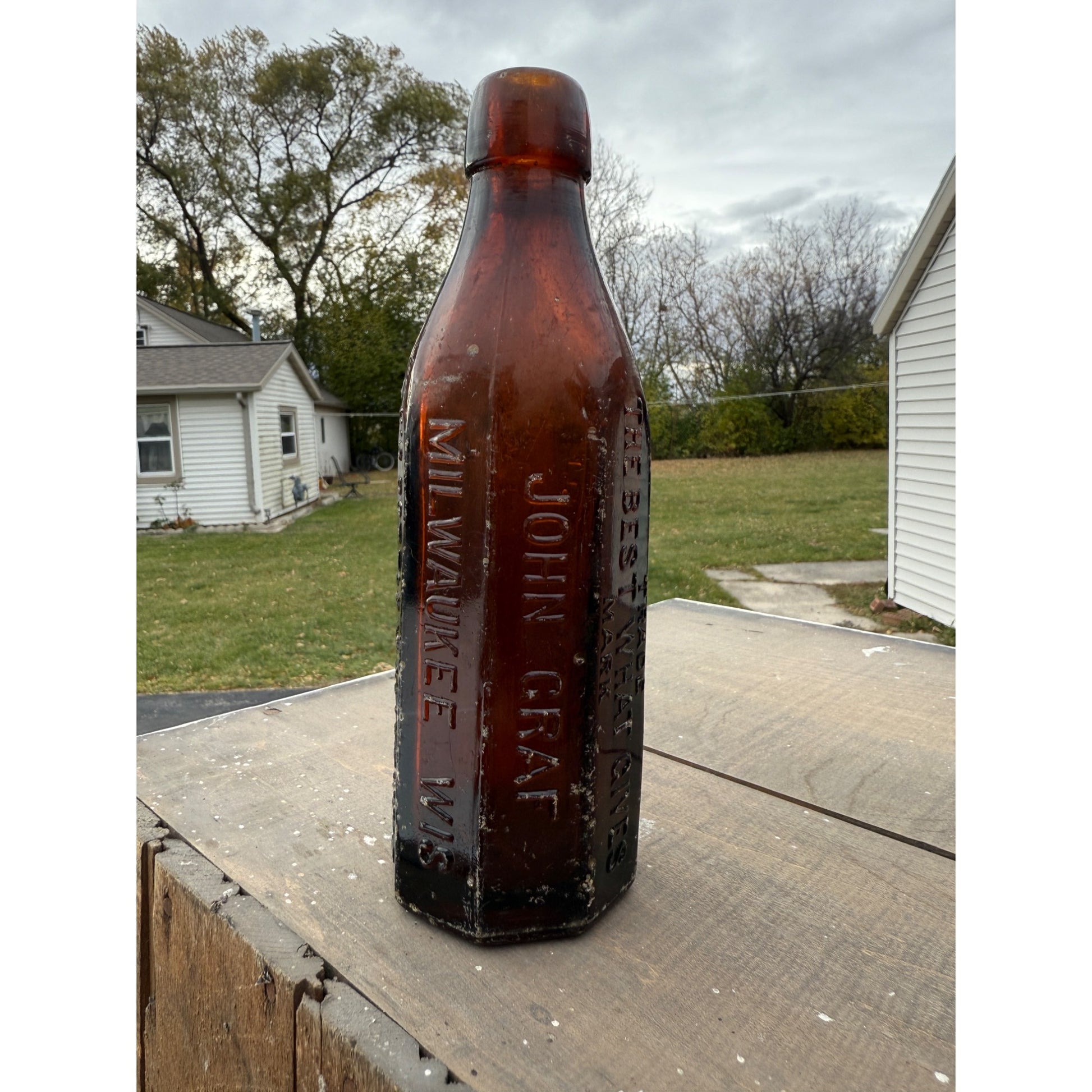 John Graf c1880s Milwaukee Wis Amber Brown Panel Soda Bottle Blob Top