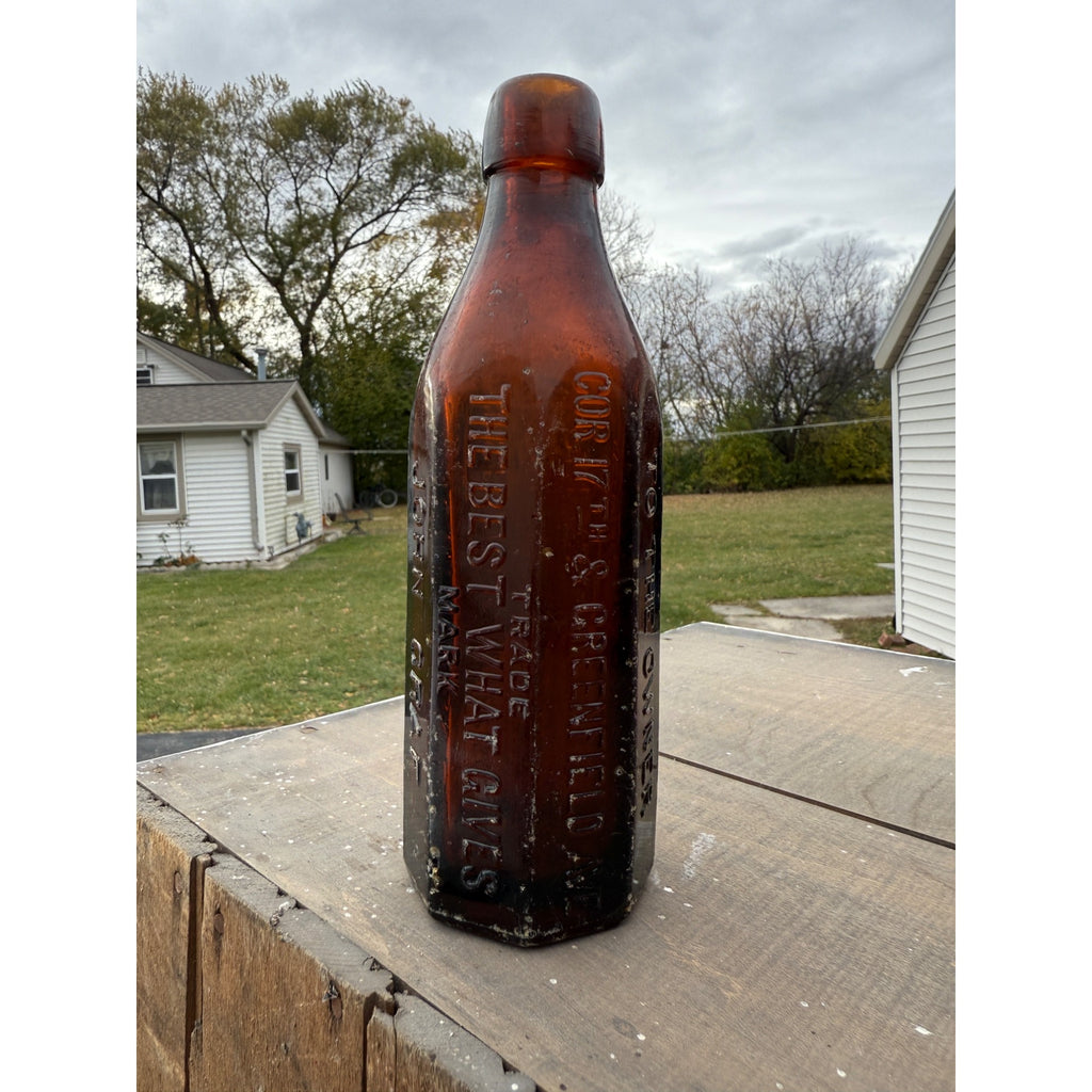 John Graf c1880s Milwaukee Wis Amber Brown Panel Soda Bottle Blob Top