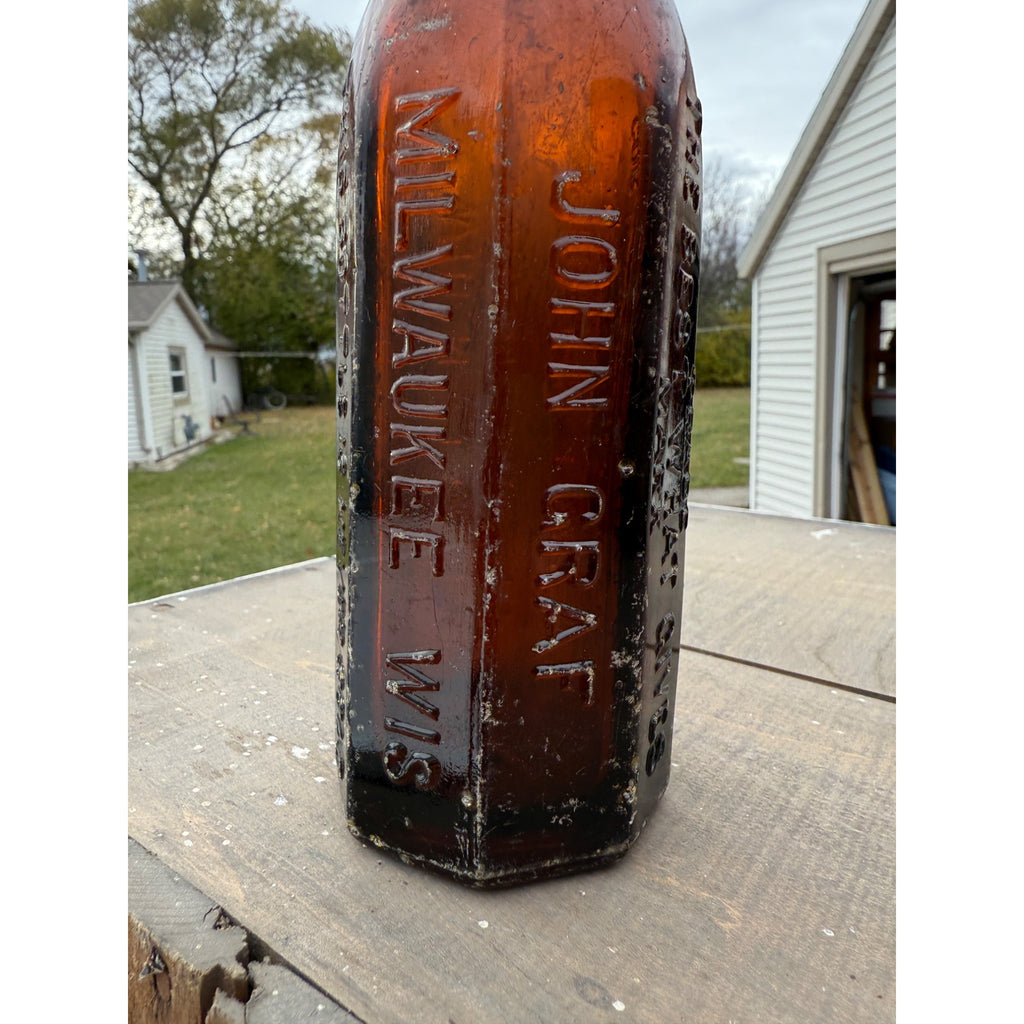John Graf c1880s Milwaukee Wis Amber Brown Panel Soda Bottle Blob Top