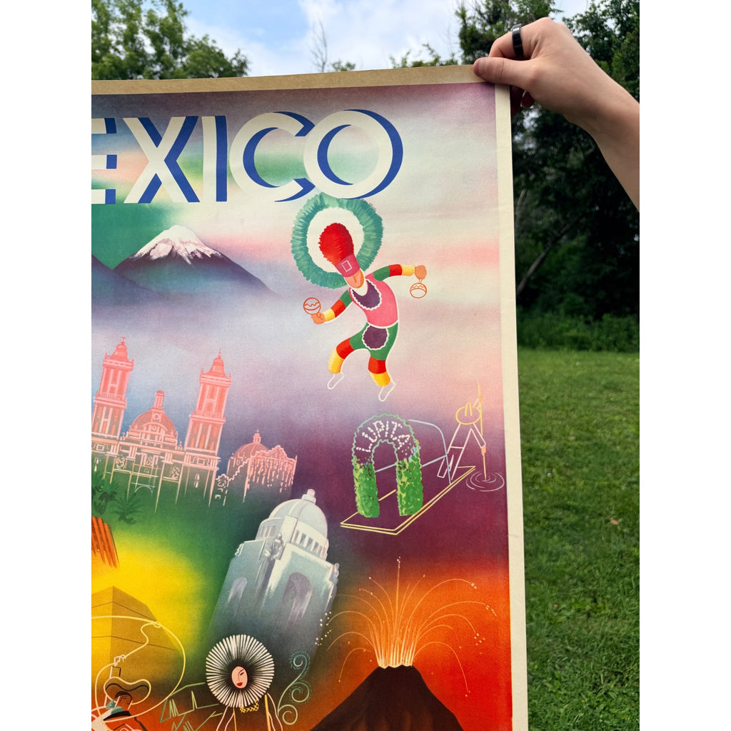 Original 1950s Mexico Direction Of Tourism Travel Poster Vintage 37" x 28" Large