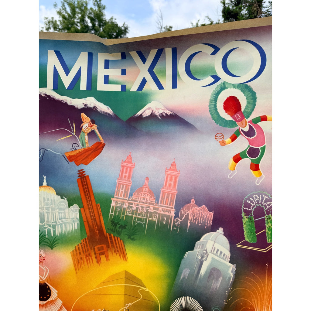 Original 1950s Mexico Direction Of Tourism Travel Poster Vintage 37" x 28" Large