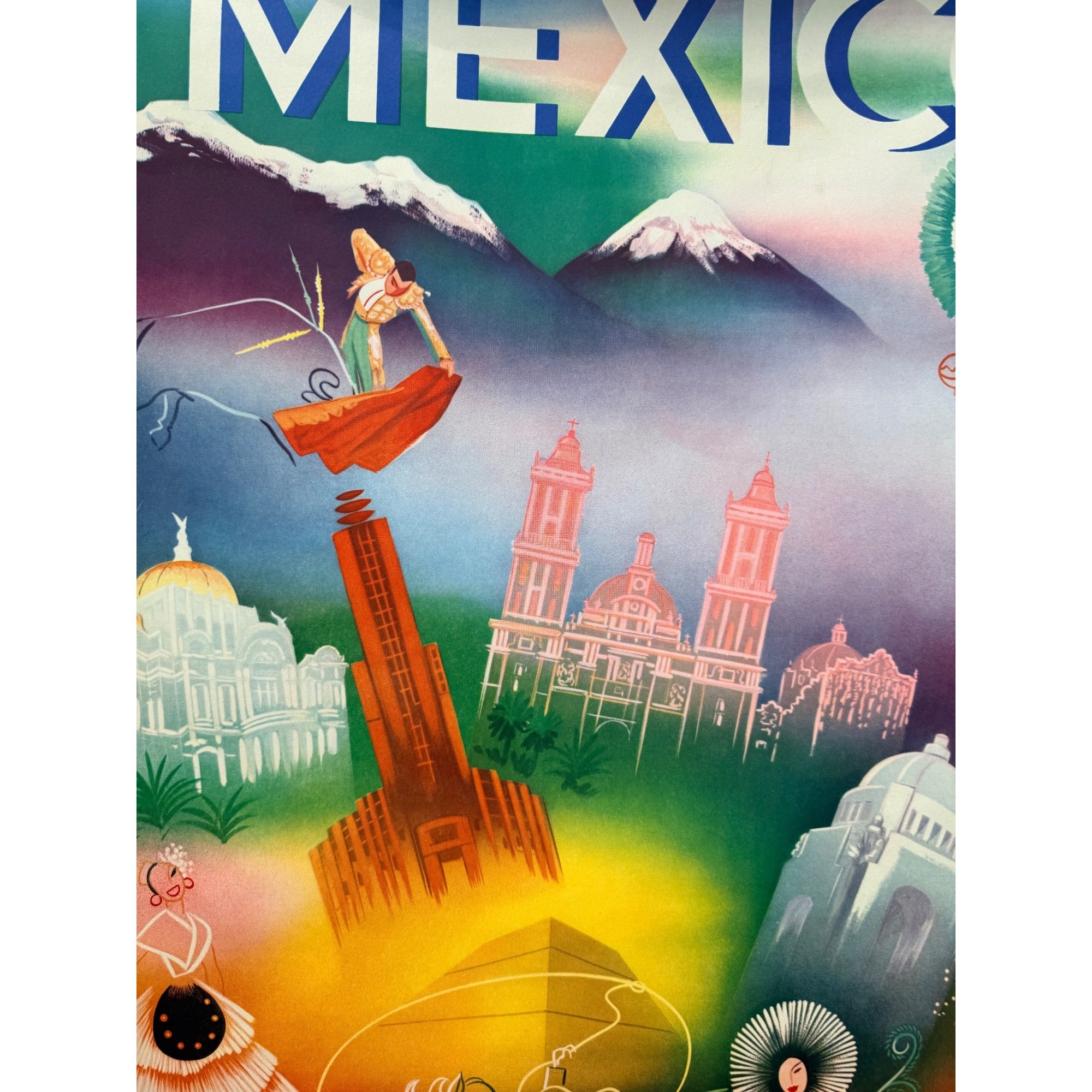 Original 1950s Mexico Direction Of Tourism Travel Poster Vintage 37" x 28" Large