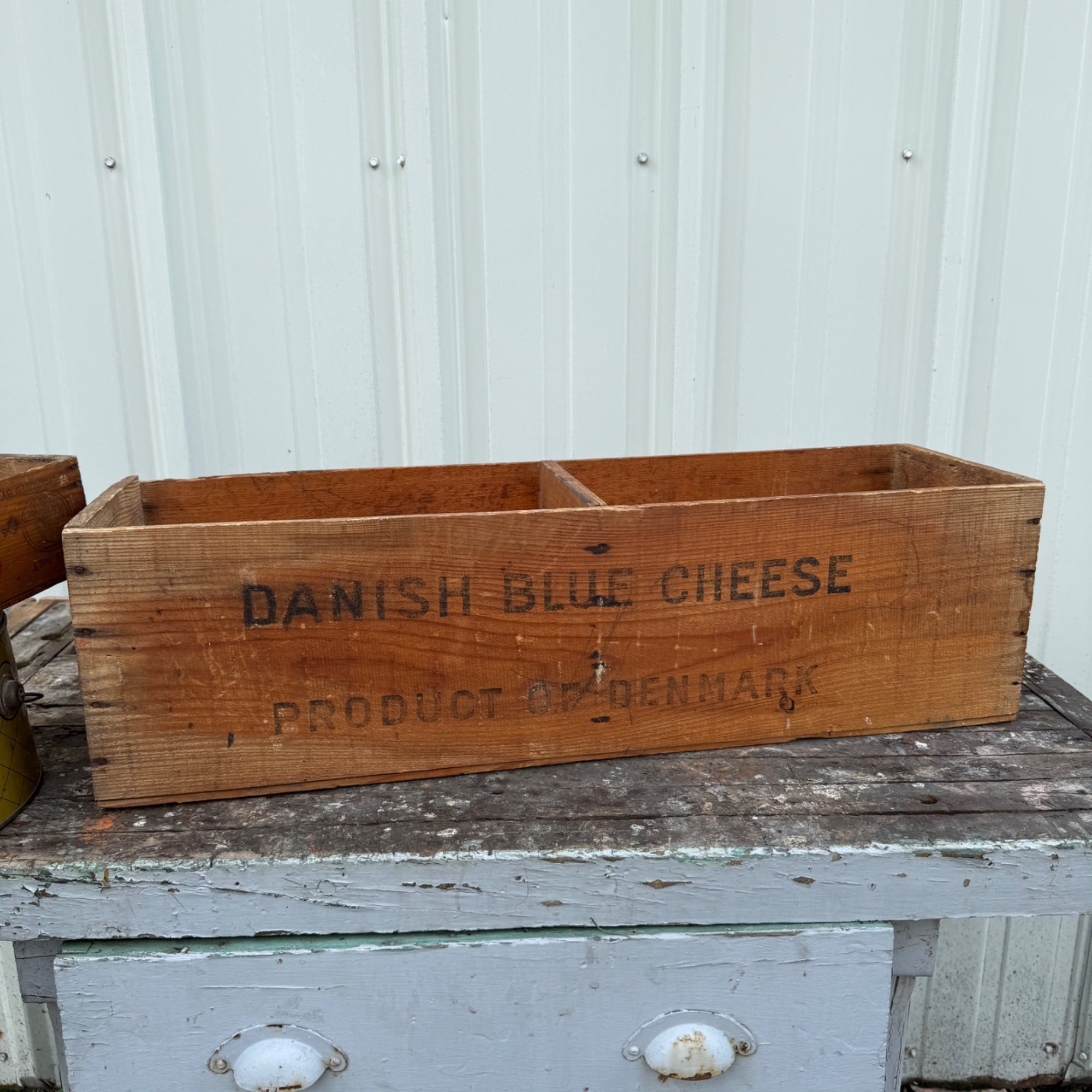 Vintage Danish Blue Cheese Wooden Advertising Box Crate Kitchen Farmhouse Decor