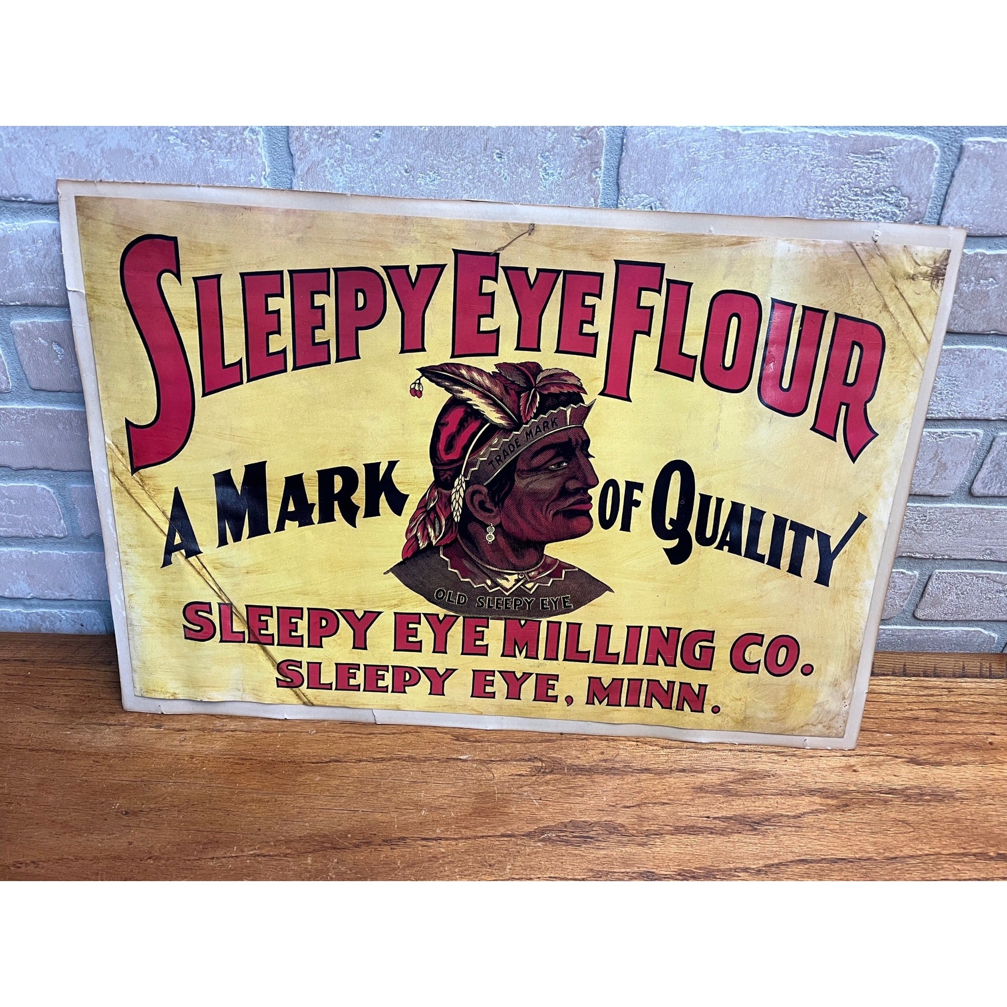 Original Old Sleepy Eye Flour Paper Litho Sign Advertising Native American Chief