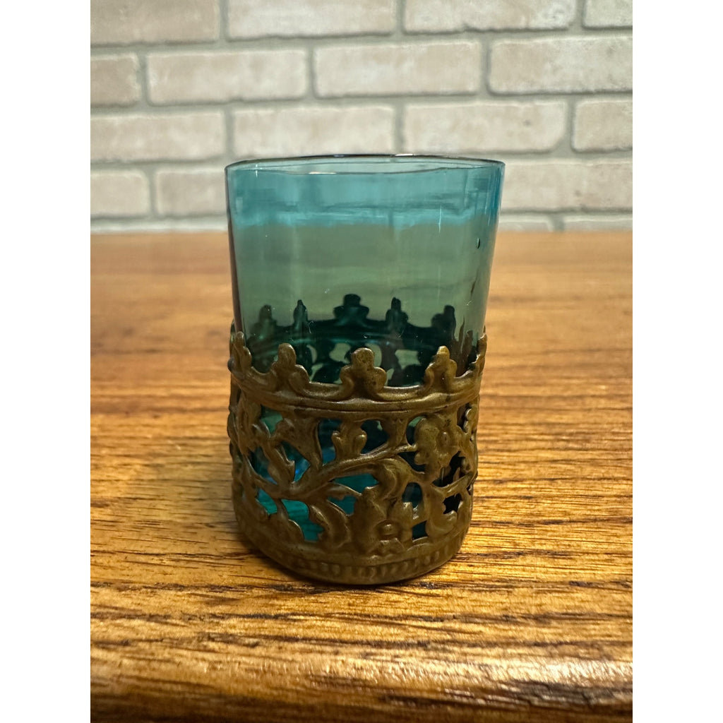 Bohemian Czech 2” Blue Art Glass Paneled Shot in Brass Holder c1900