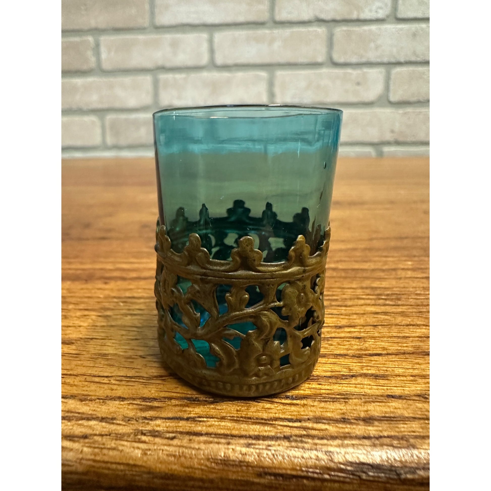 Bohemian Czech 2” Blue Art Glass Paneled Shot in Brass Holder c1900
