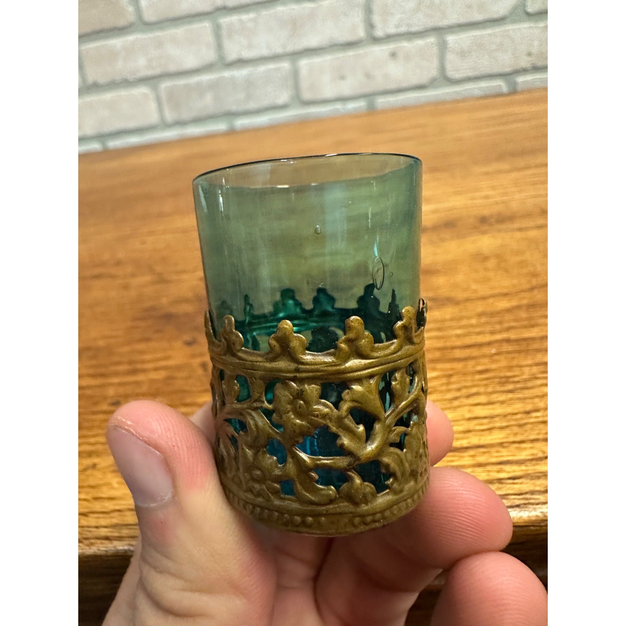 Bohemian Czech 2” Blue Art Glass Paneled Shot in Brass Holder c1900