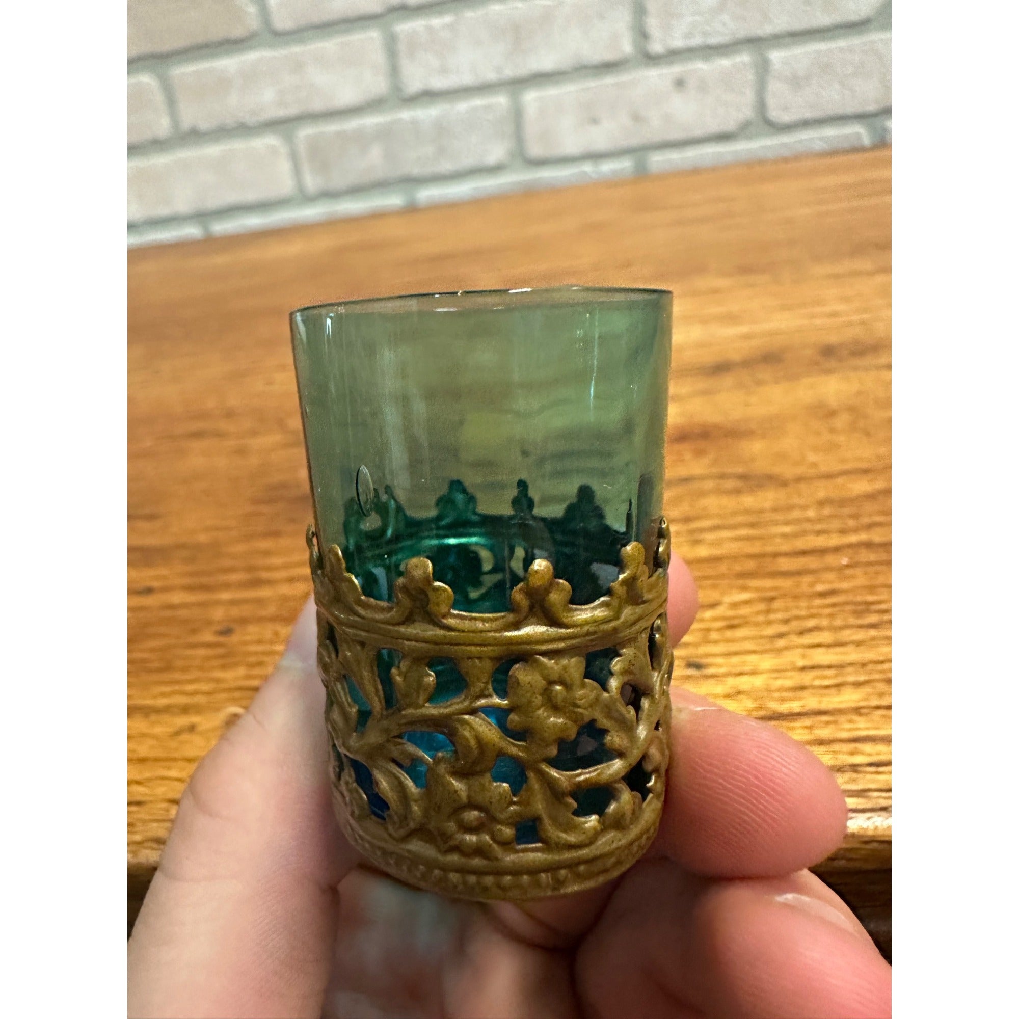 Bohemian Czech 2” Blue Art Glass Paneled Shot in Brass Holder c1900