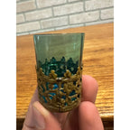 Bohemian Czech 2” Blue Art Glass Paneled Shot in Brass Holder c1900