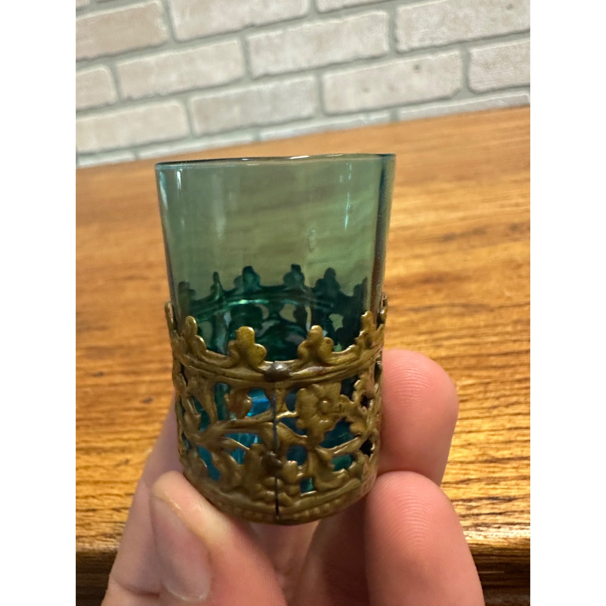 Bohemian Czech 2” Blue Art Glass Paneled Shot in Brass Holder c1900