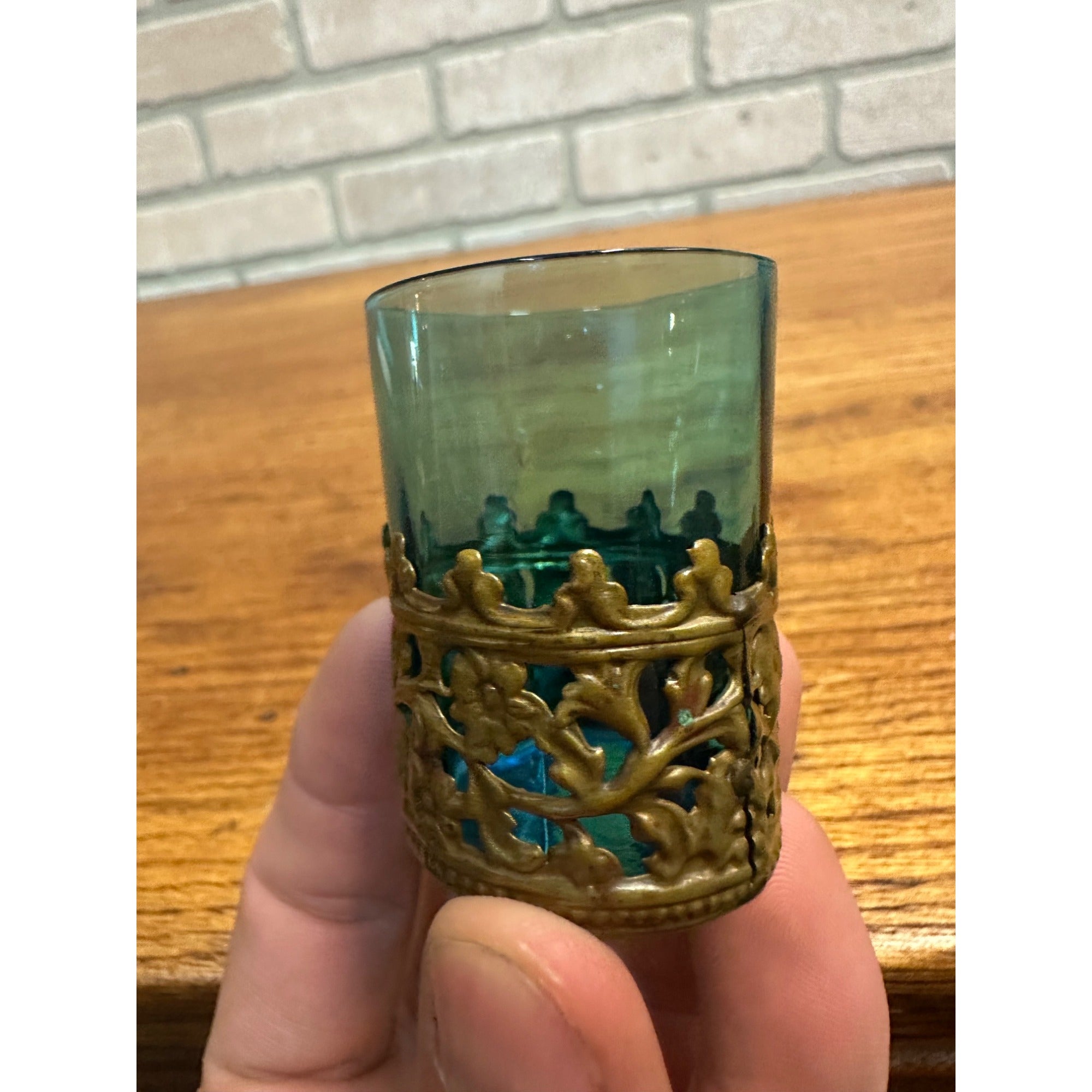 Bohemian Czech 2” Blue Art Glass Paneled Shot in Brass Holder c1900