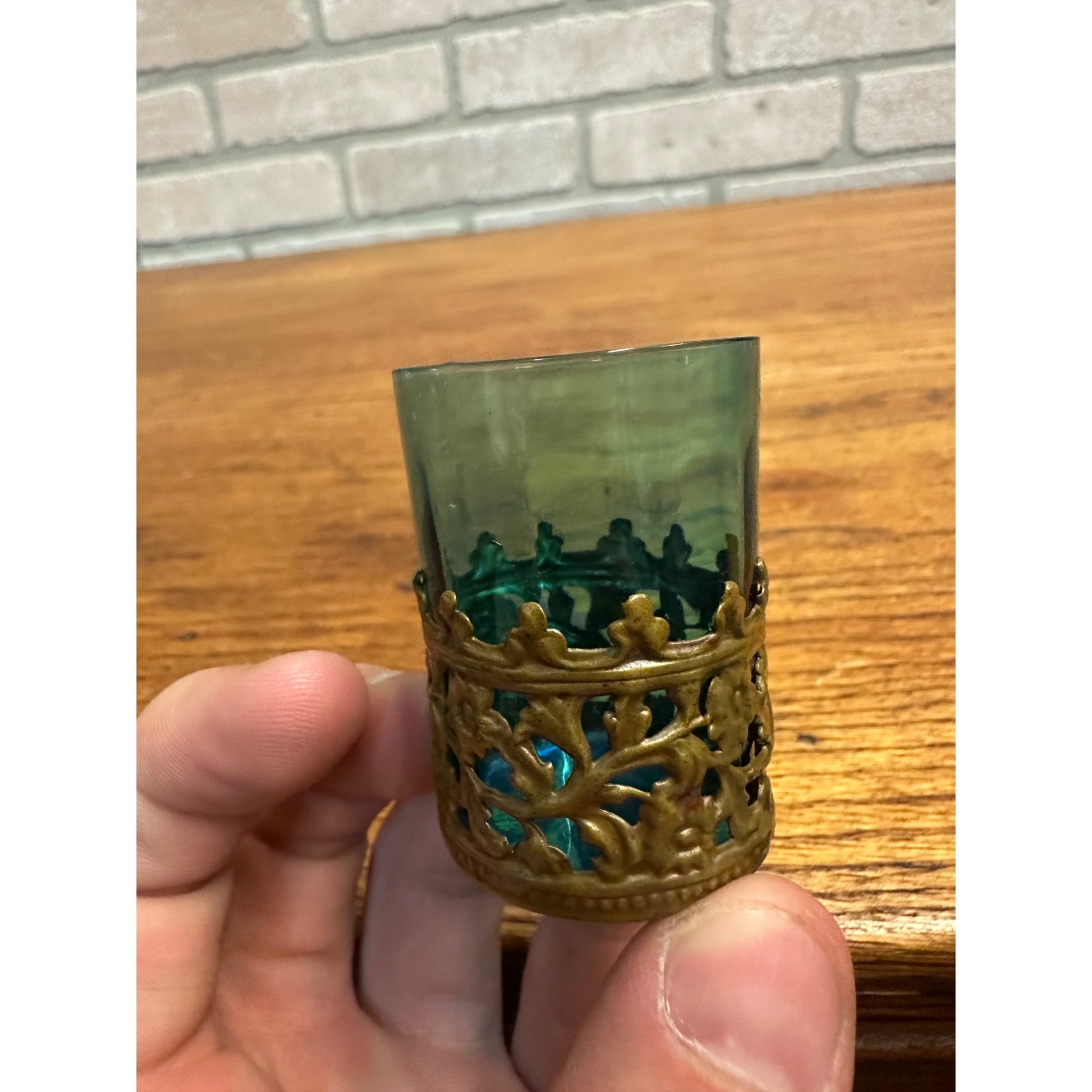 Bohemian Czech 2” Blue Art Glass Paneled Shot in Brass Holder c1900
