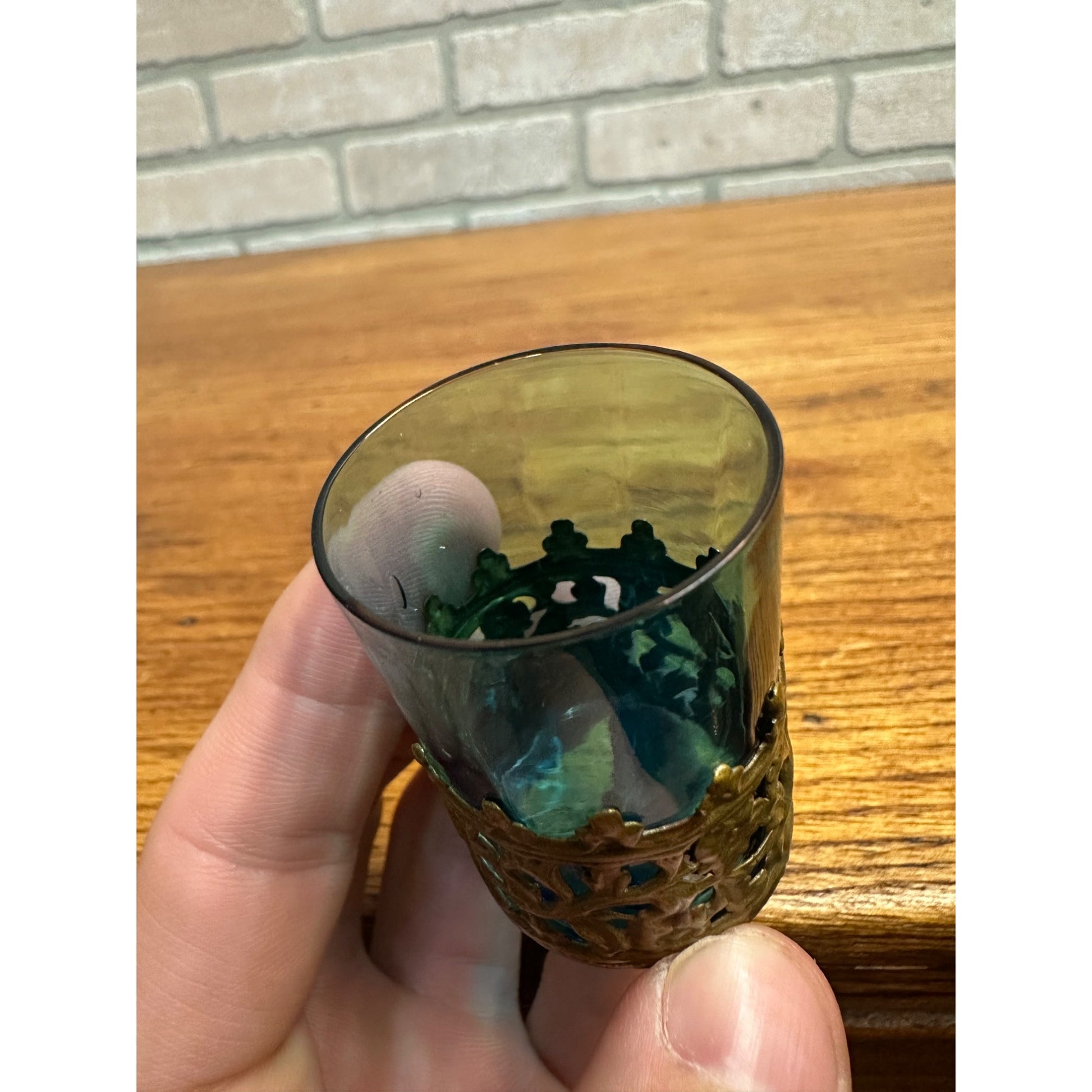 Bohemian Czech 2” Blue Art Glass Paneled Shot in Brass Holder c1900