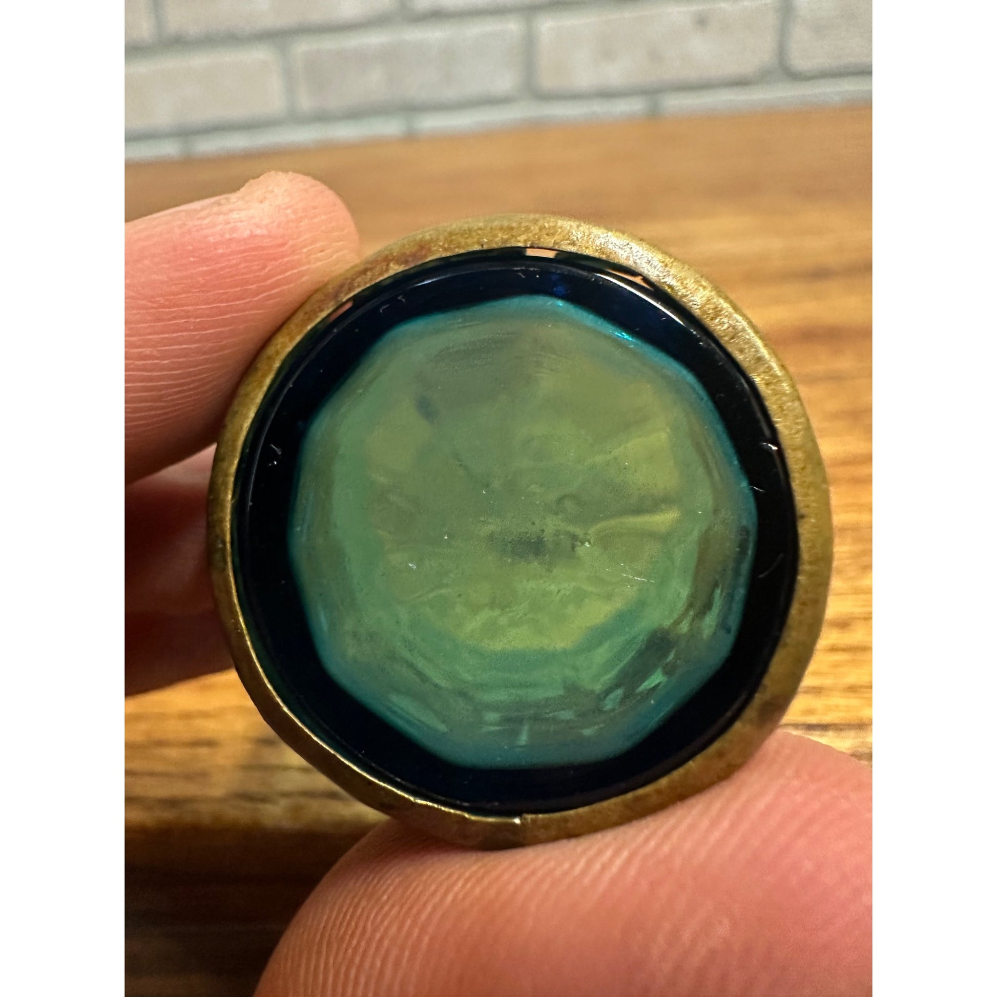 Bohemian Czech 2” Blue Art Glass Paneled Shot in Brass Holder c1900