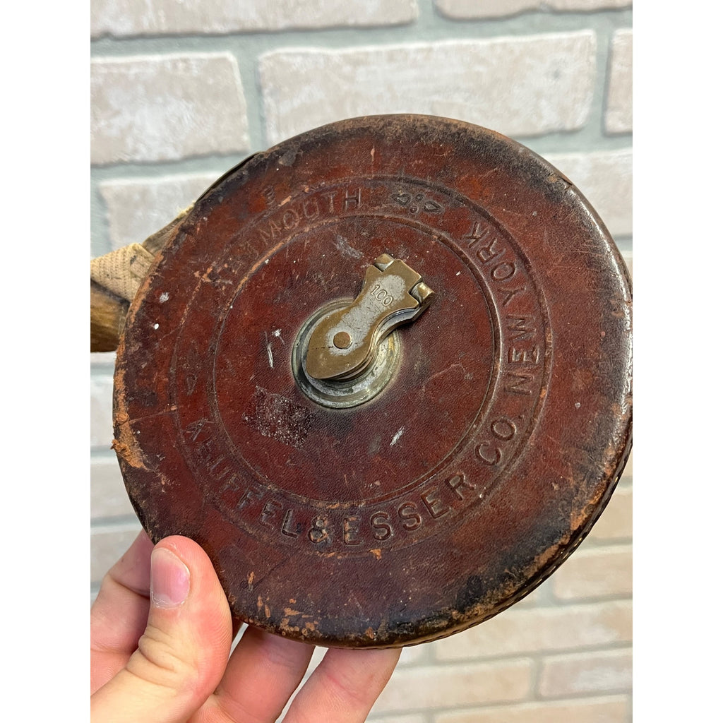 Antique Keuffel & Esser Dartmouth 100ft Cloth Tape Measure Leather Bound As-Is