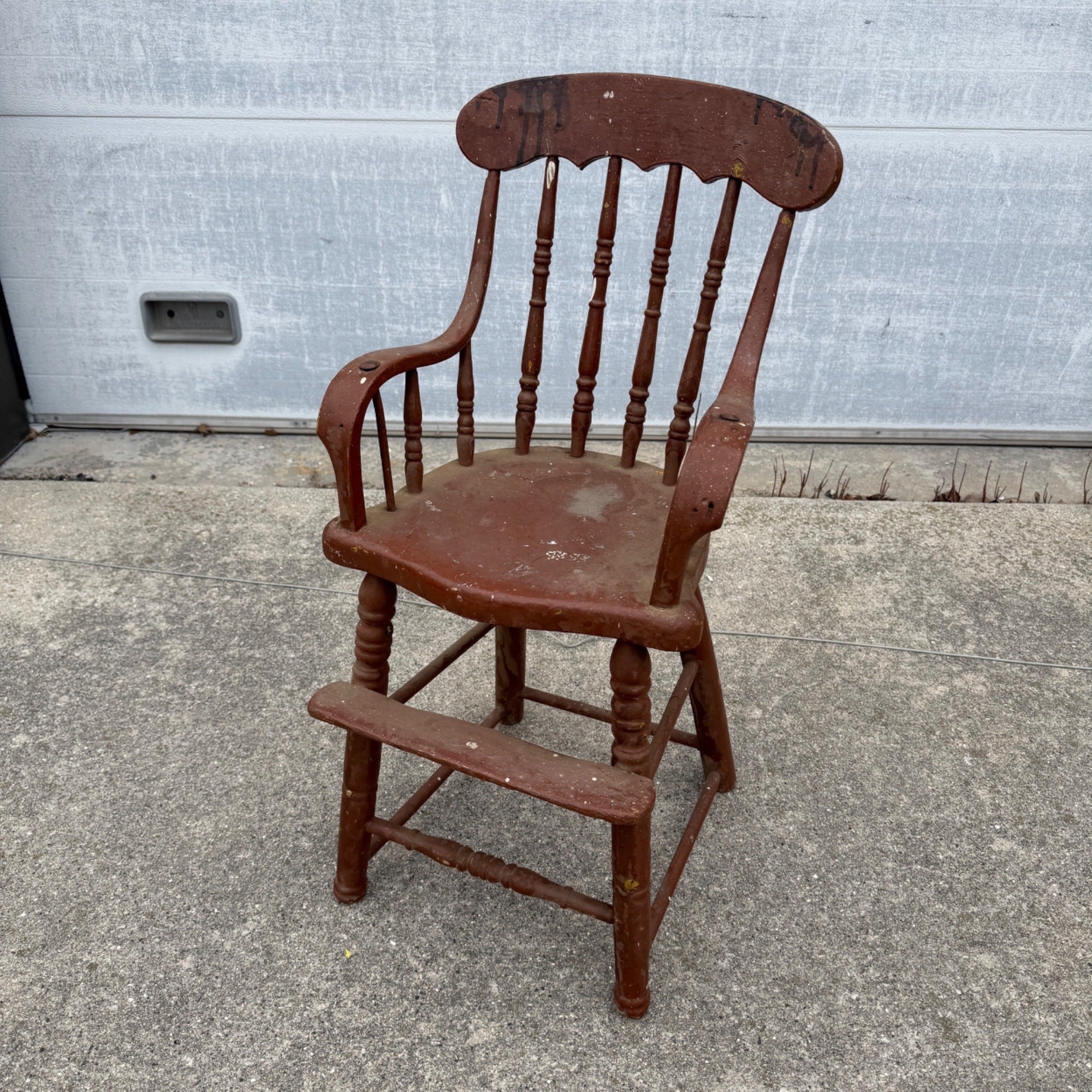 Antique Vintage Primitive Red Painted Child's High Chair Wooden Seat Decor Plant