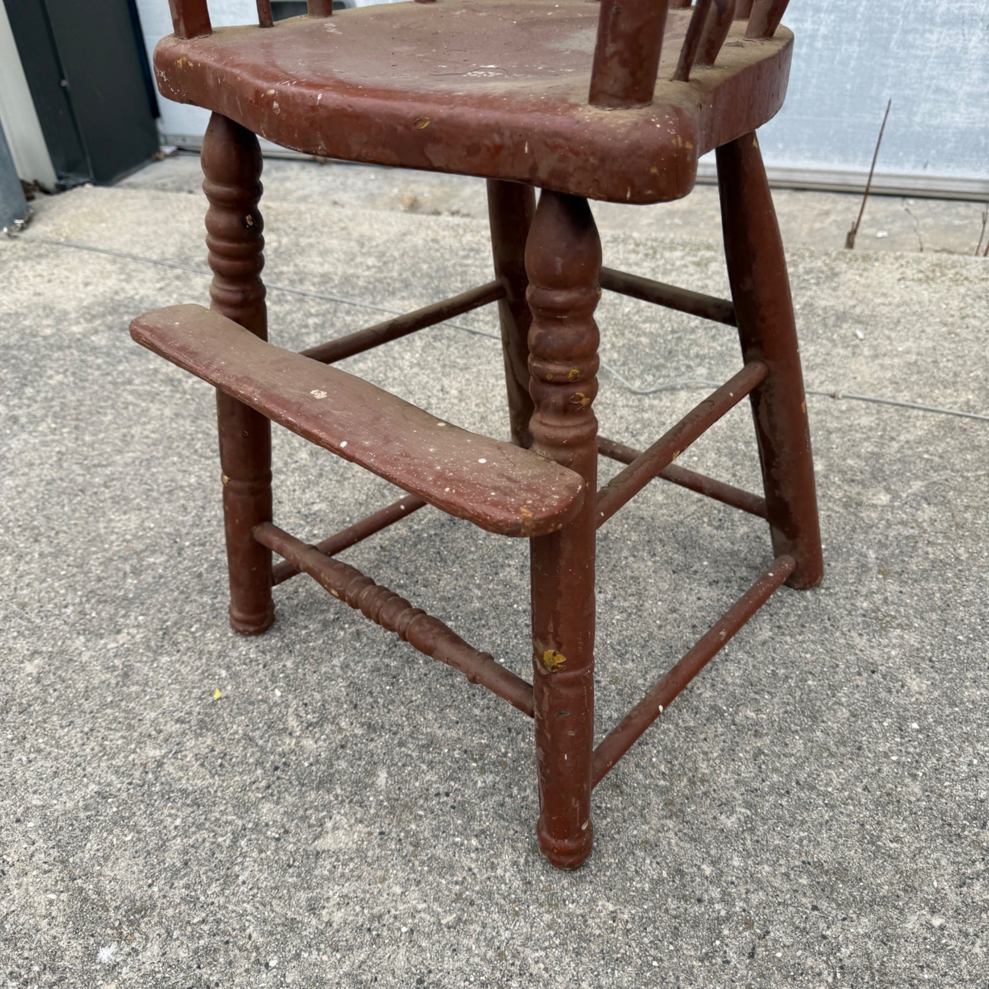 Antique Vintage Primitive Red Painted Child's High Chair Wooden Seat Decor Plant