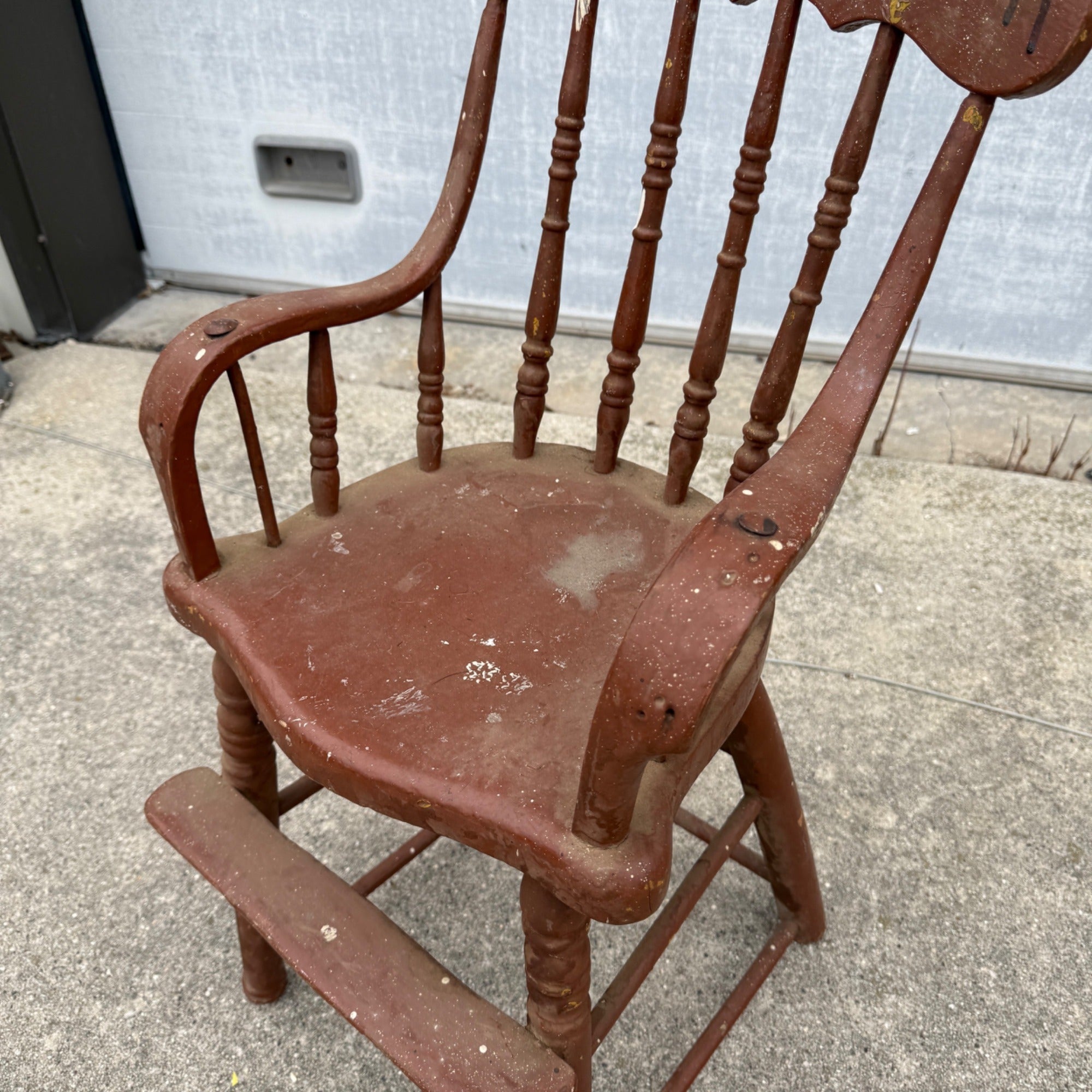 Antique Vintage Primitive Red Painted Child's High Chair Wooden Seat Decor Plant