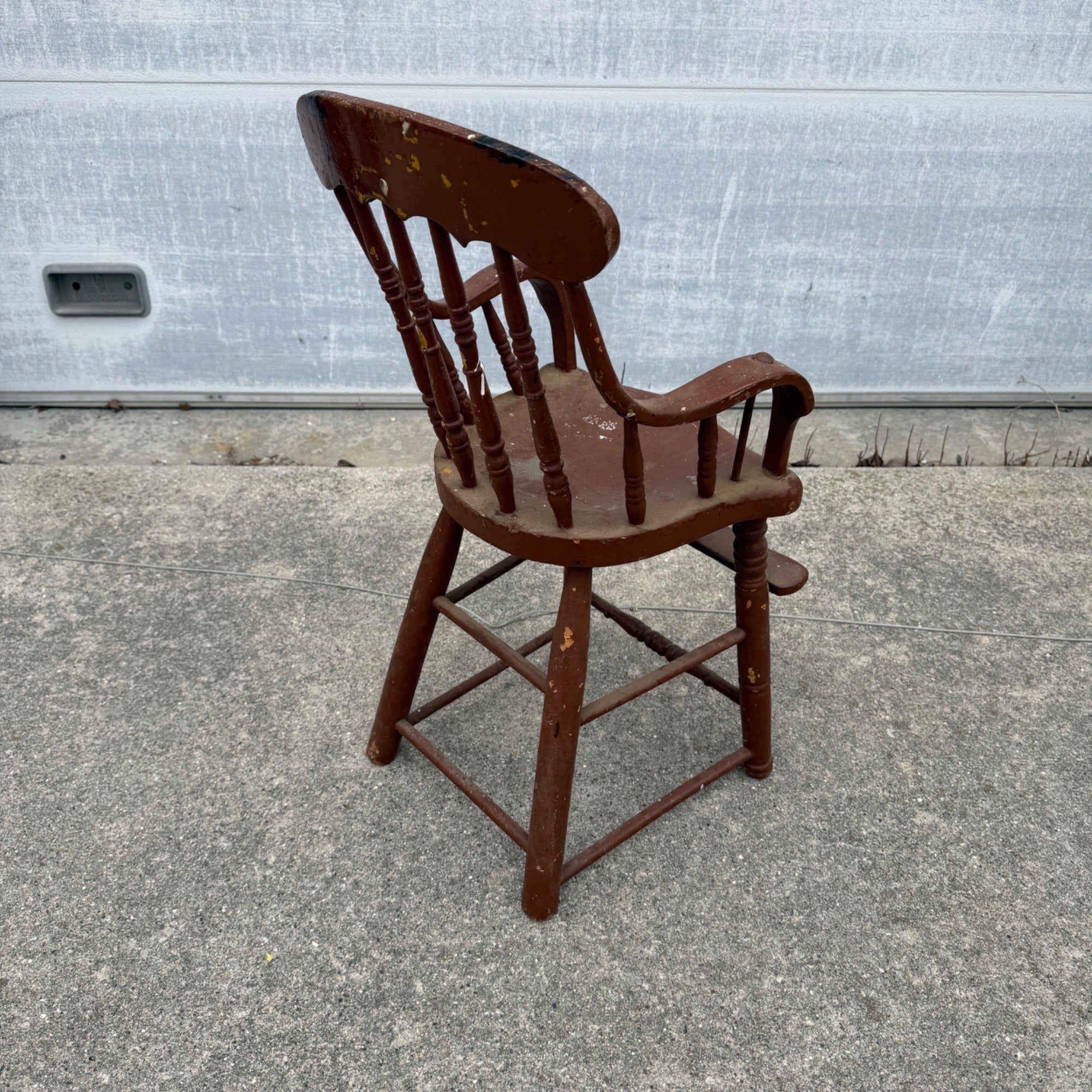 Antique Vintage Primitive Red Painted Child's High Chair Wooden Seat Decor Plant