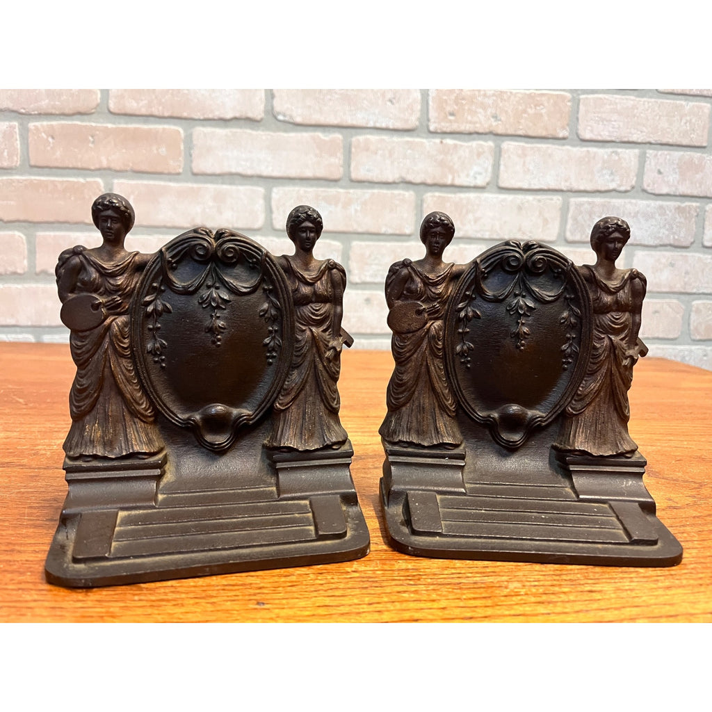 RARE Antique Bradley & Hubbard Lady Oil Painter & Sculptor Cast Iron Bookends Neoclassical Pair