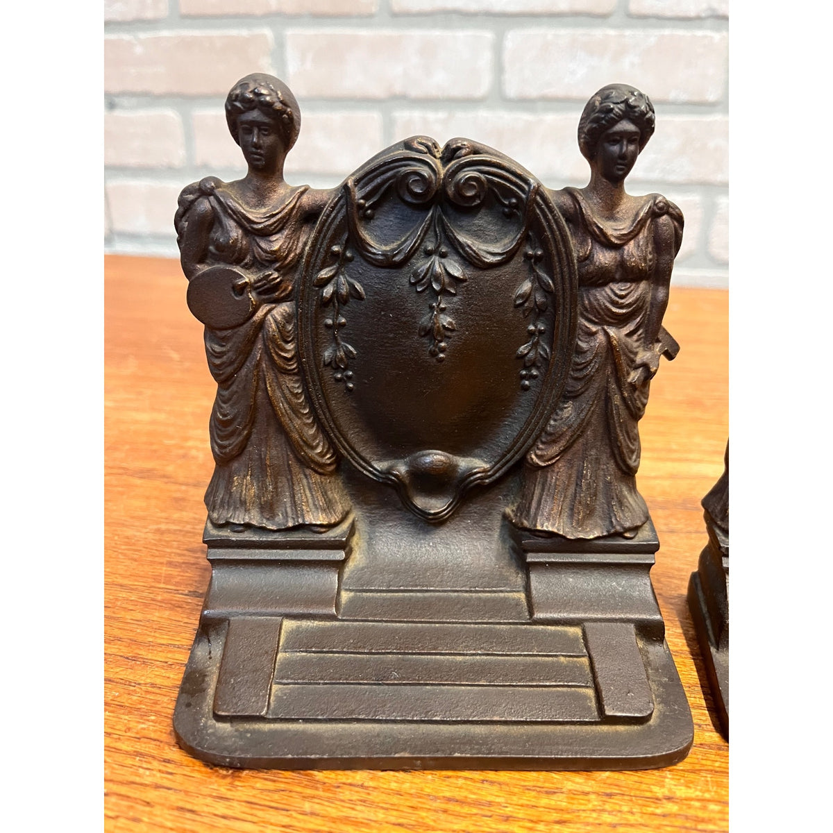 RARE Antique Bradley & Hubbard Lady Oil Painter & Sculptor Cast Iron Bookends Neoclassical Pair