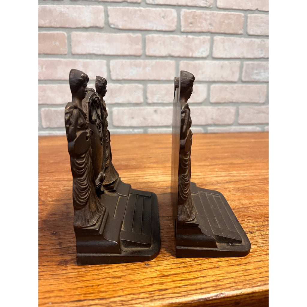 RARE Antique Bradley & Hubbard Lady Oil Painter & Sculptor Cast Iron Bookends Neoclassical Pair