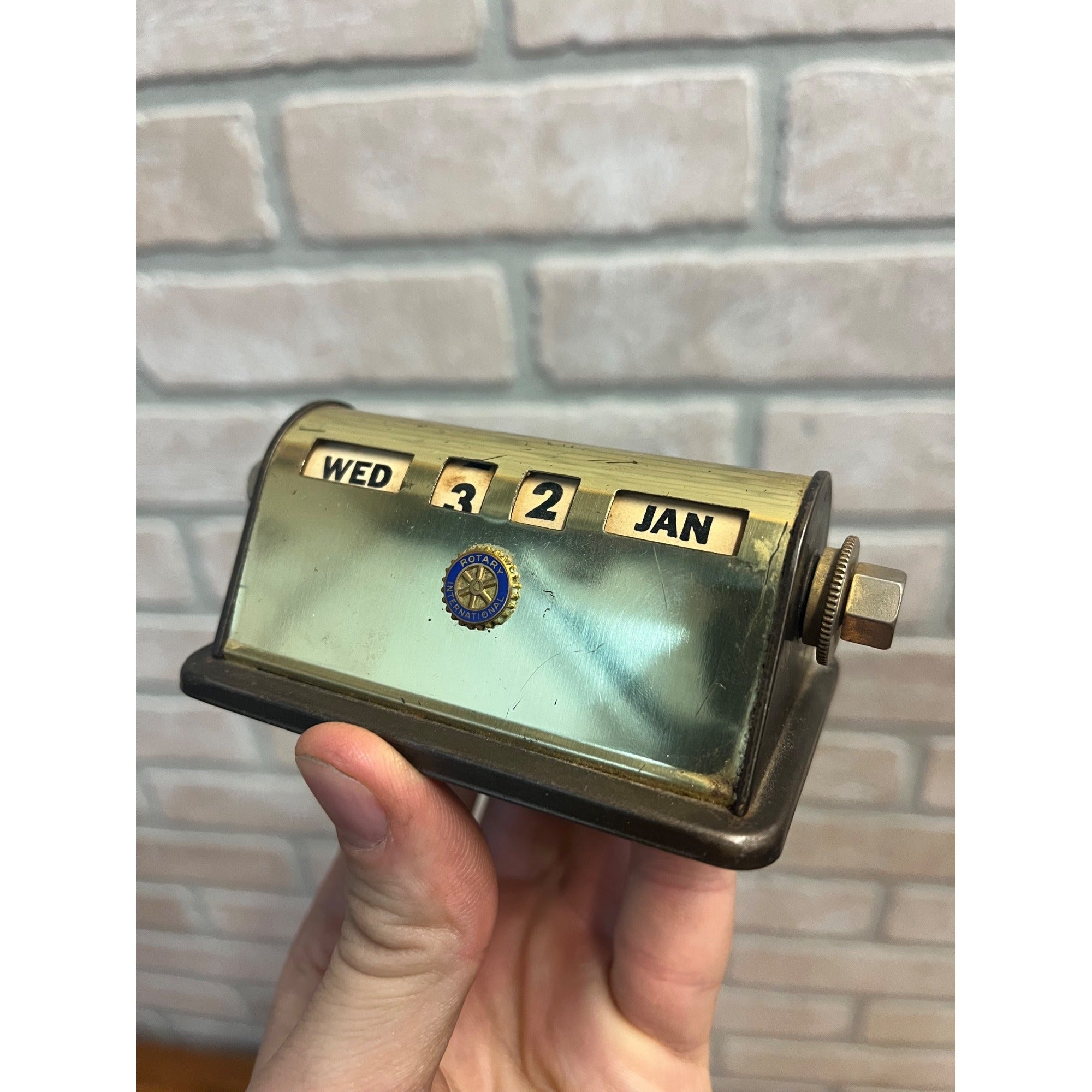 Vintage Perpetual Flip Mechanical Desktop Calendar Brass Rotary International