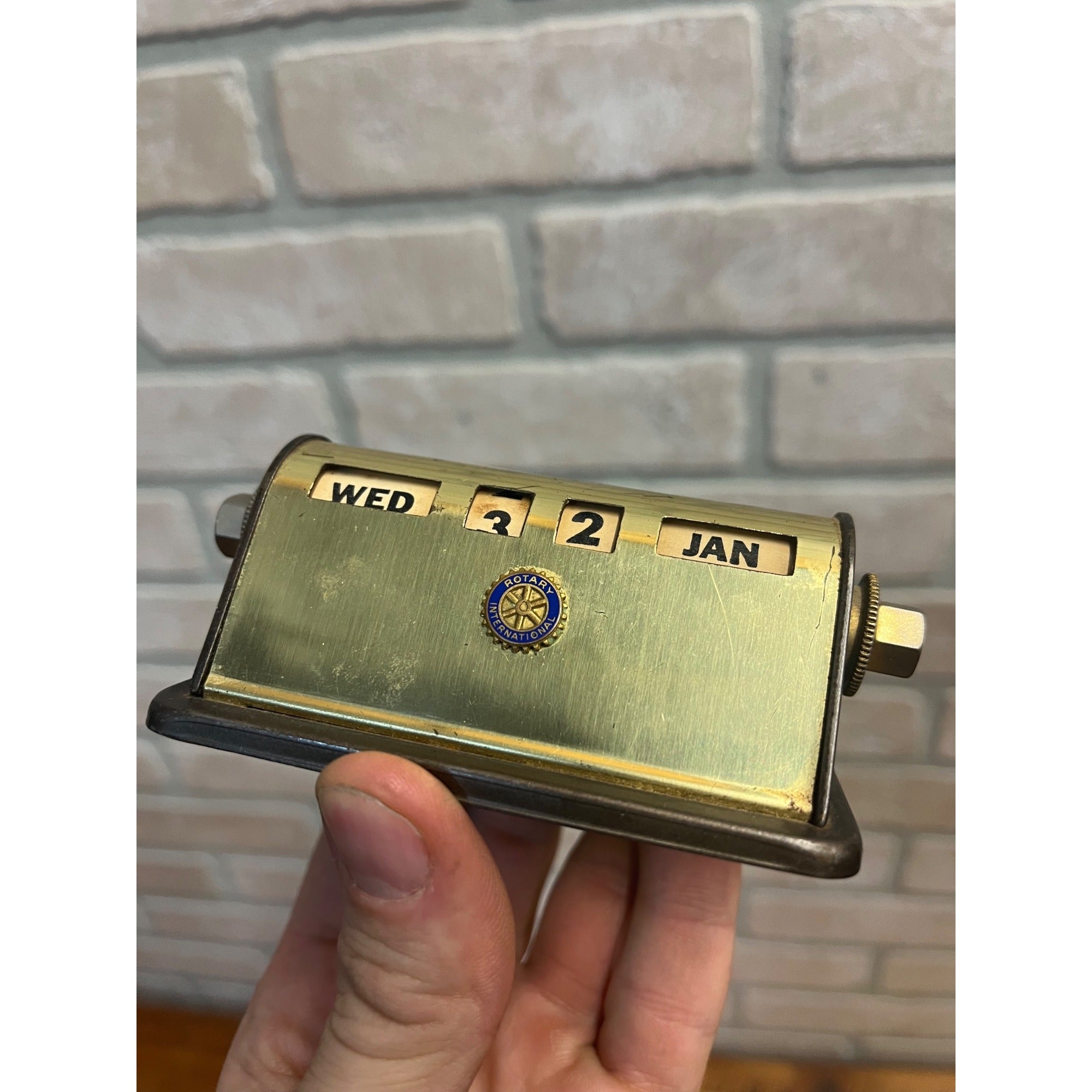 Vintage Perpetual Flip Mechanical Desktop Calendar Brass Rotary International
