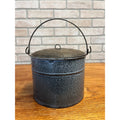 Antique Primitive Gray Enamel Graniteware Berry Bucket / Lunch Pail Lidded Farmhouse Decor