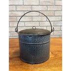 Antique Primitive Gray Enamel Graniteware Berry Bucket / Lunch Pail Lidded Farmhouse Decor