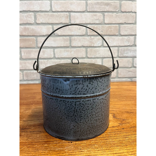 Antique Primitive Gray Enamel Graniteware Berry Bucket / Lunch Pail Lidded Farmhouse Decor