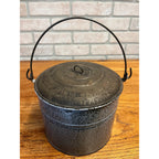Antique Primitive Gray Enamel Graniteware Berry Bucket / Lunch Pail Lidded Farmhouse Decor