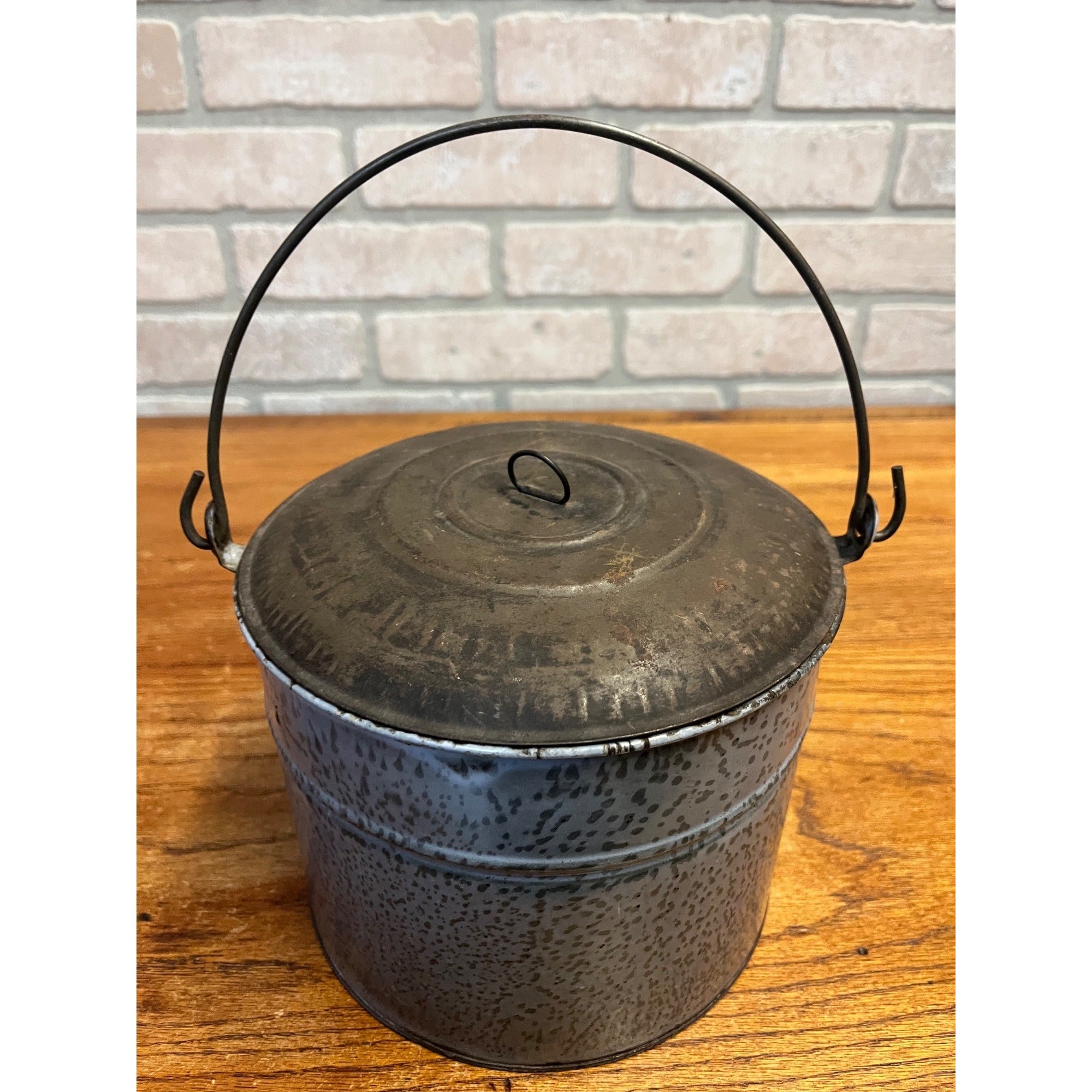 Antique Primitive Gray Enamel Graniteware Berry Bucket / Lunch Pail Lidded Farmhouse Decor