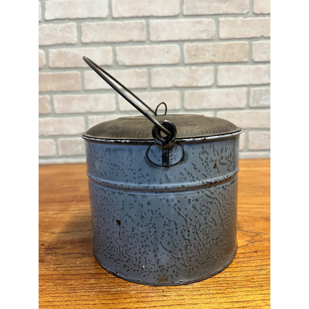 Antique Primitive Gray Enamel Graniteware Berry Bucket / Lunch Pail Lidded Farmhouse Decor