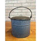Antique Primitive Gray Enamel Graniteware Berry Bucket / Lunch Pail Lidded Farmhouse Decor
