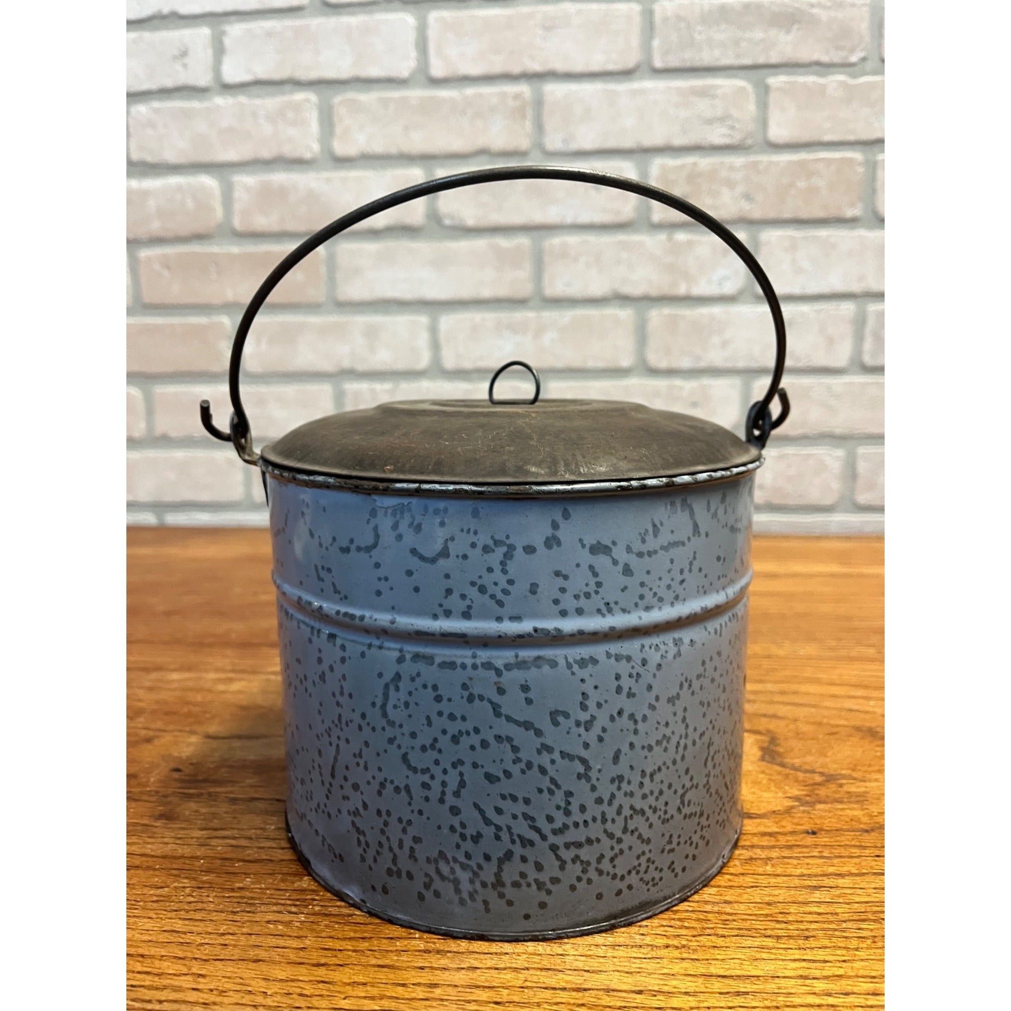Antique Primitive Gray Enamel Graniteware Berry Bucket / Lunch Pail Lidded Farmhouse Decor